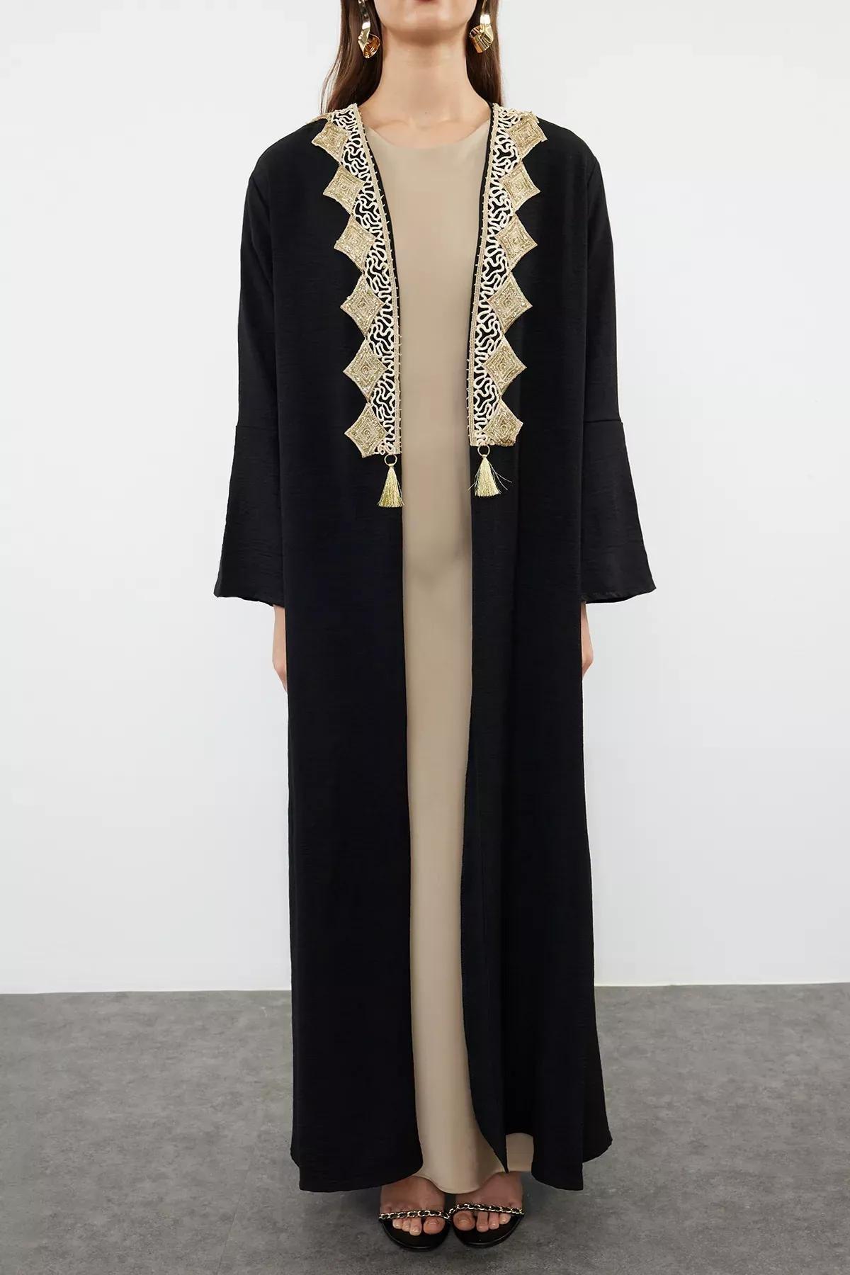 Black Embroidered Abaya with Cap, BLACK, medium