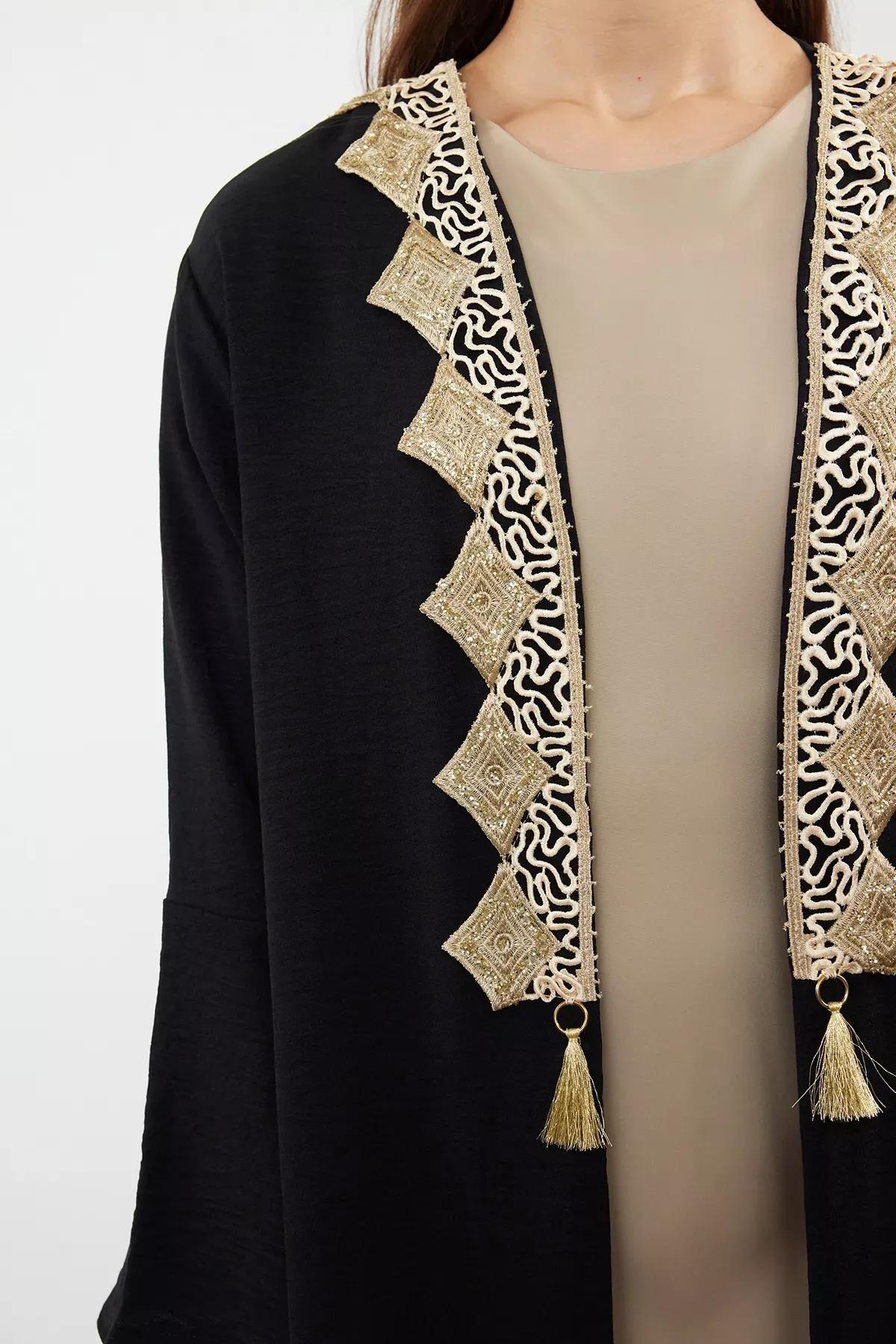 Black Embroidered Abaya with Cap, BLACK, large image number 3