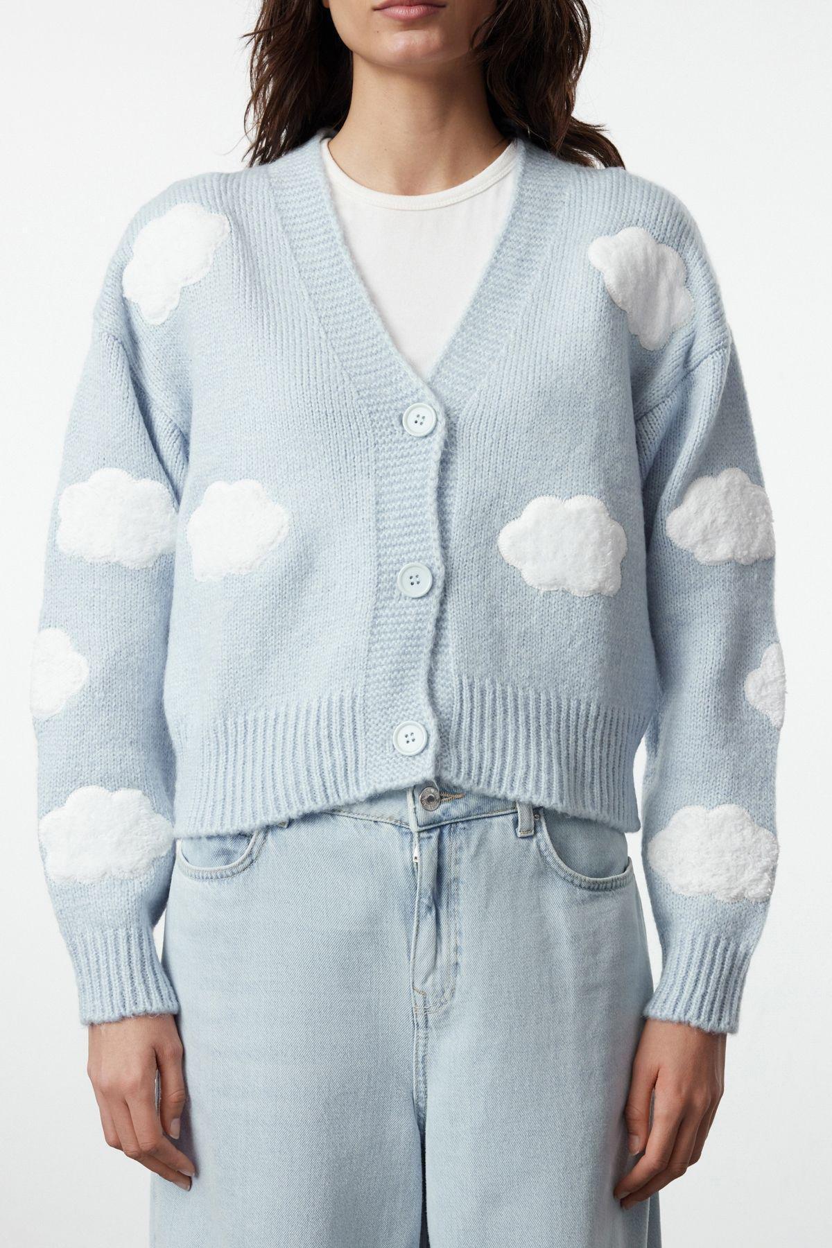 Blue Crop Patterned V-Neck Knitwear Cardigan, , large image number 2