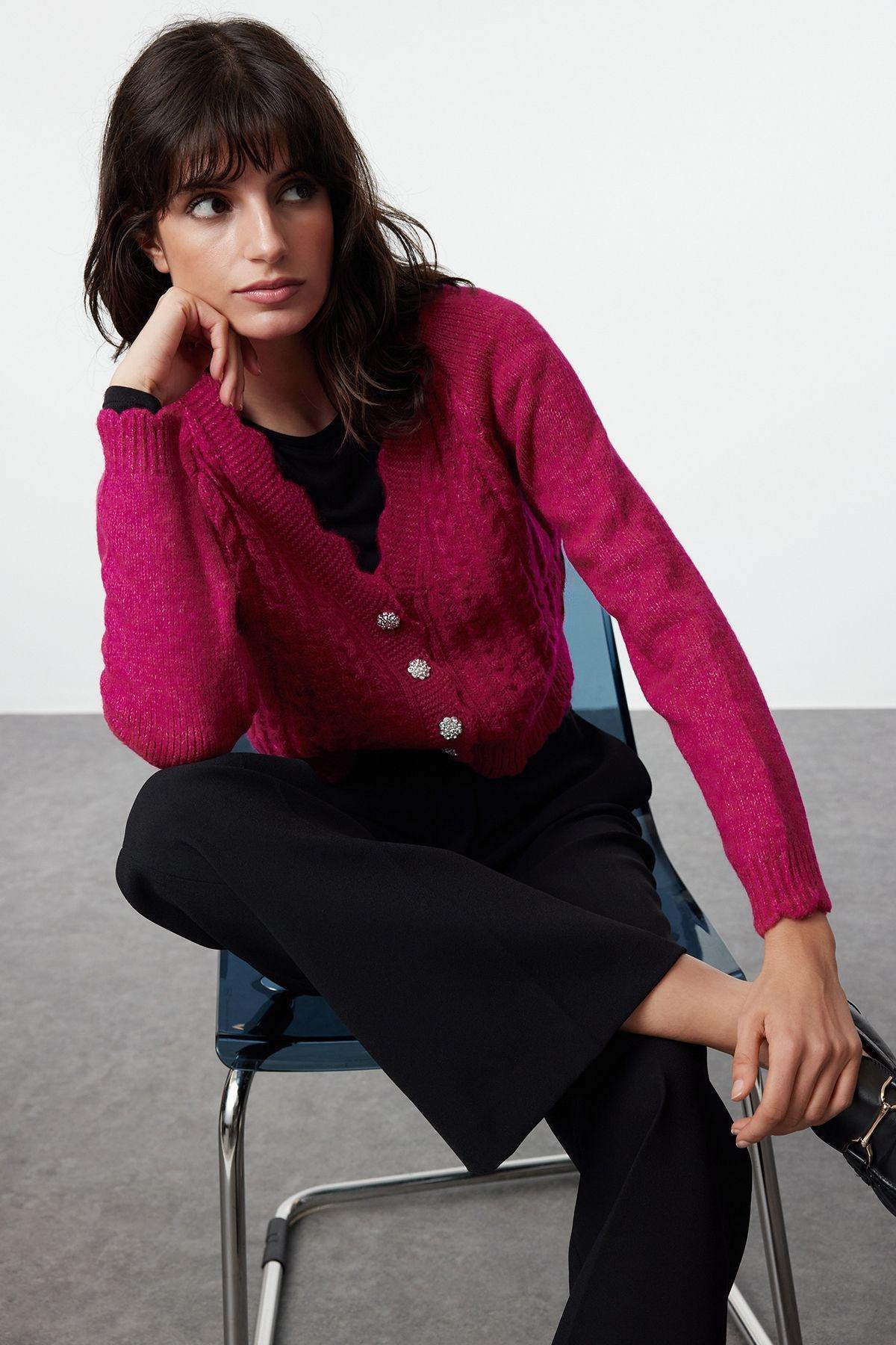 Fuchsia Crop Soft Texture Knit Cardigan TWOAW25HI00277, C101_249, large image number 0