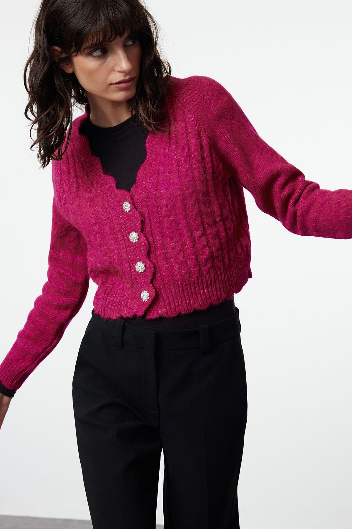 Fuchsia Crop Soft Texture Knit Cardigan TWOAW25HI00277, C101_249, large image number 1