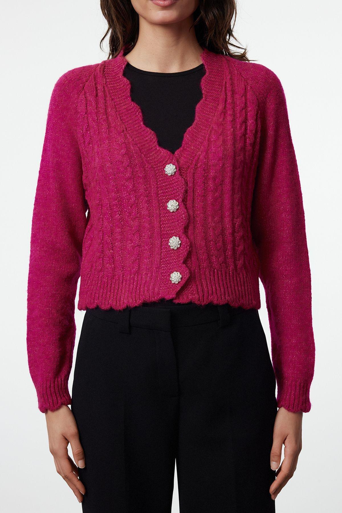 Fuchsia Crop Soft Texture Knit Cardigan TWOAW25HI00277, C101_249, large image number 3