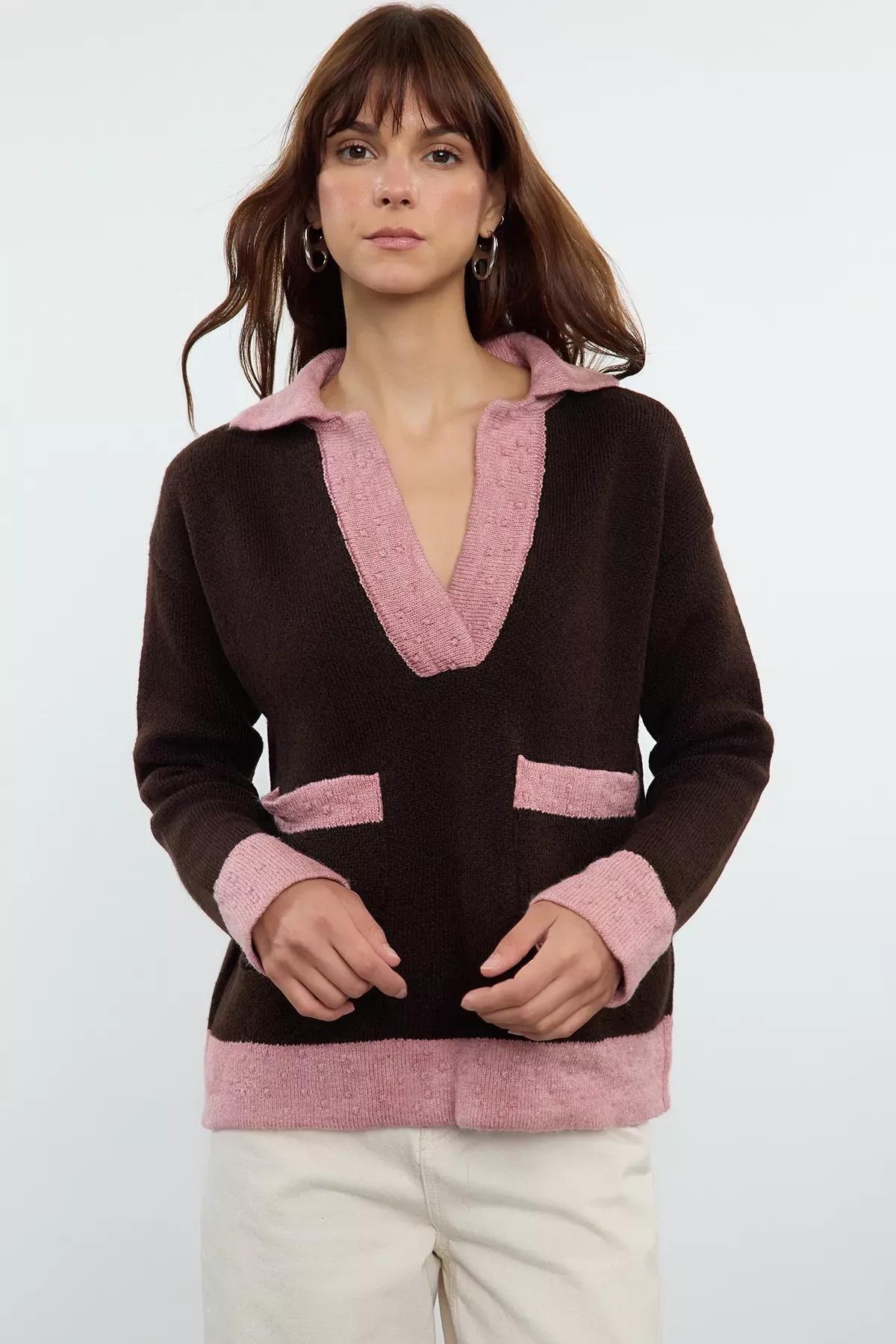 Brown Color Block Knit Sweater, Brown, large image number 0