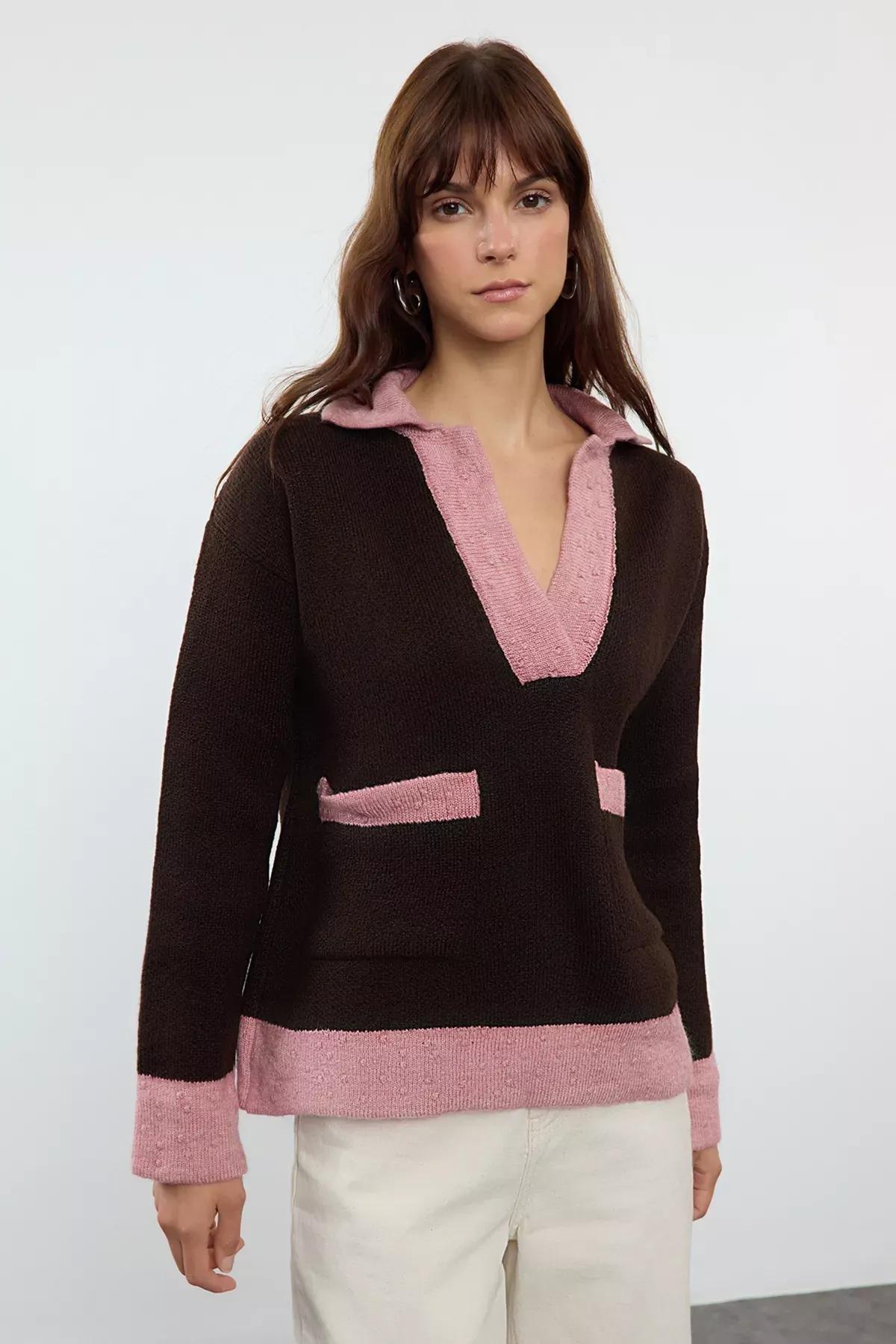 Brown Color Block Knit Sweater, Brown, large image number 1