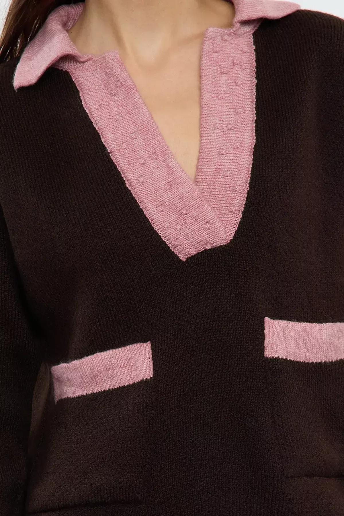 Brown Color Block Knit Sweater, Brown, large image number 2