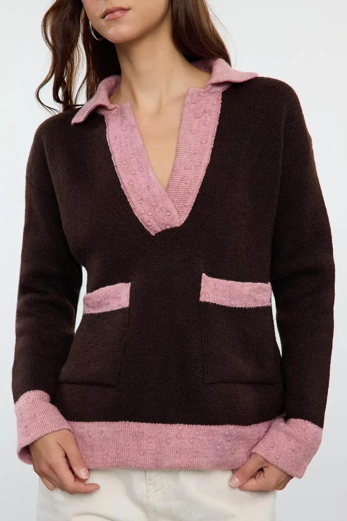 Brown Color Block Knit Sweater, Brown, large image number 3