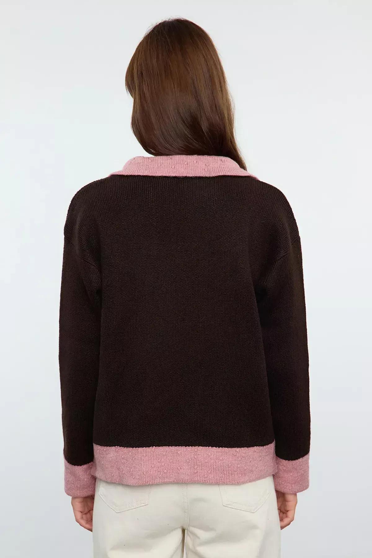 Brown Color Block Knit Sweater, Brown, large image number 4