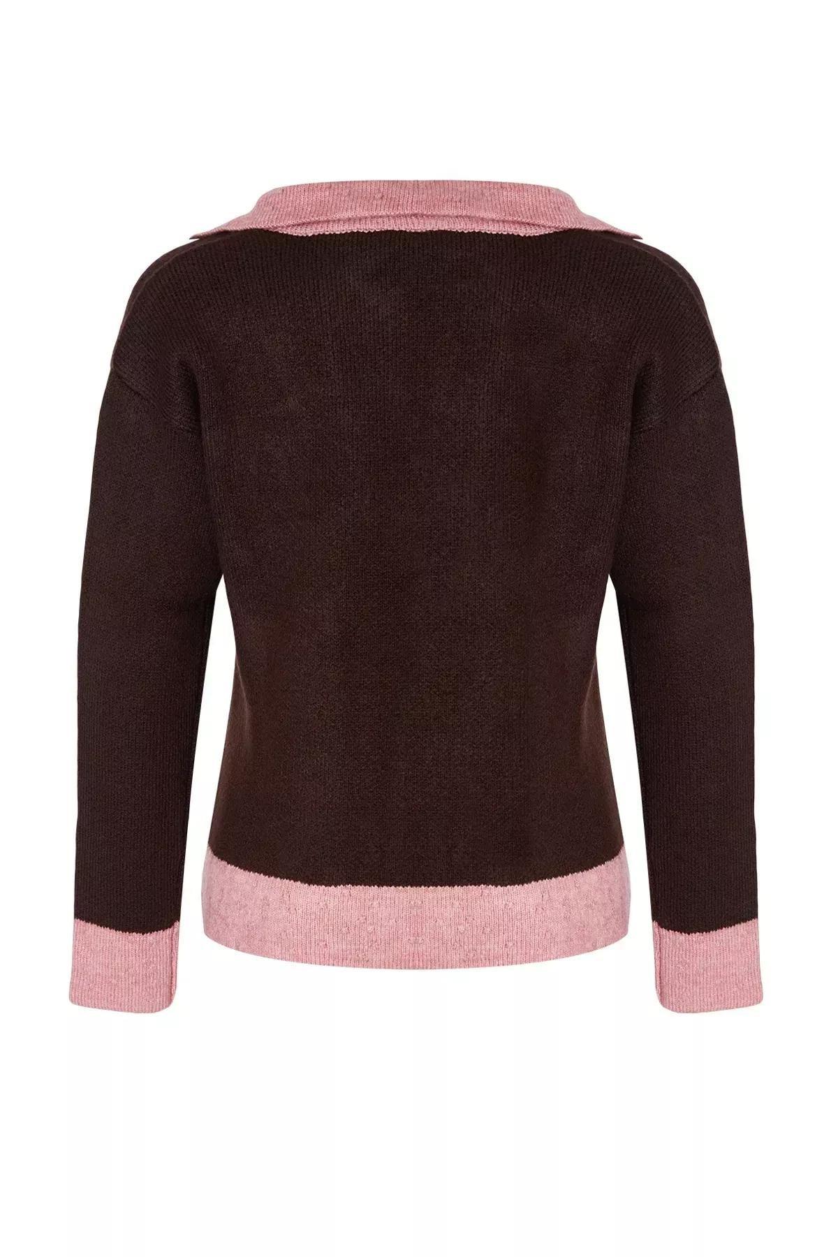 Brown Color Block Knit Sweater, Brown, large image number 5
