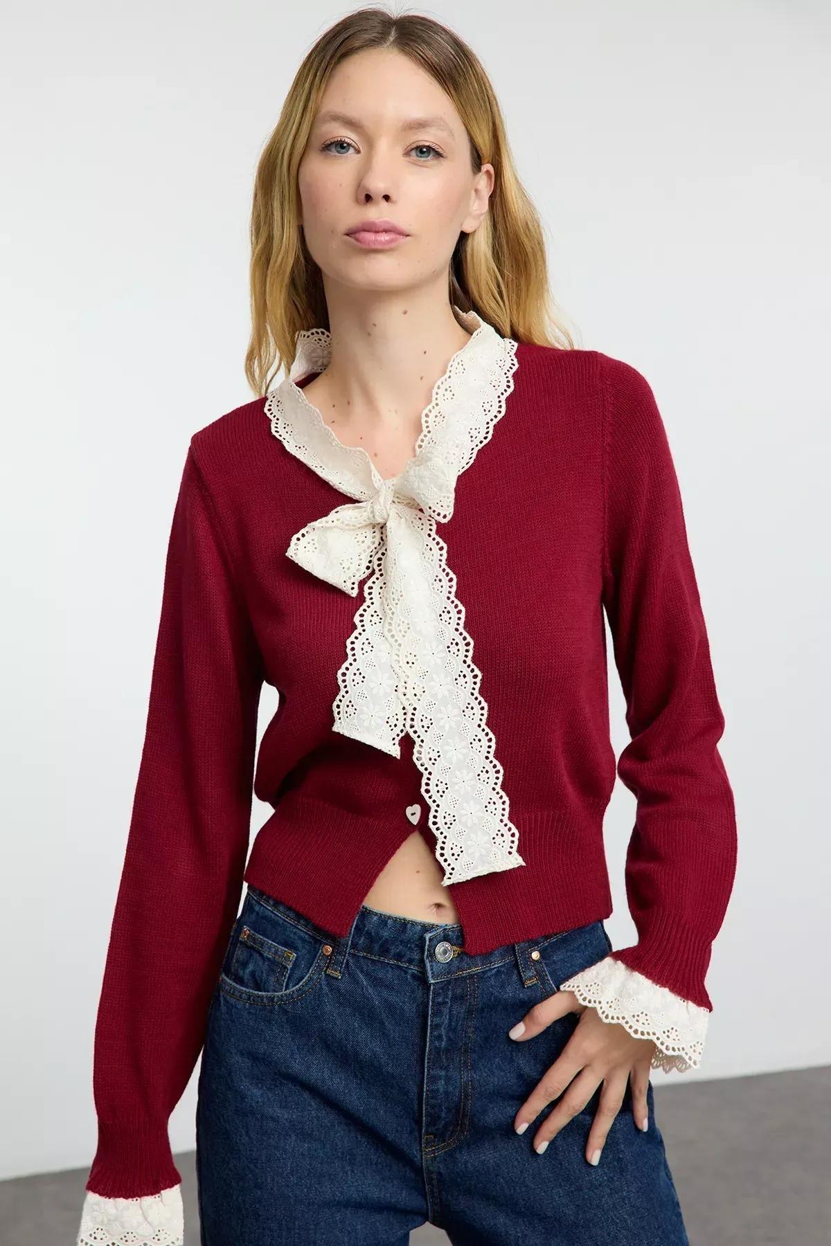 Red Color Block Knitwear Cardigan, , large image number 0