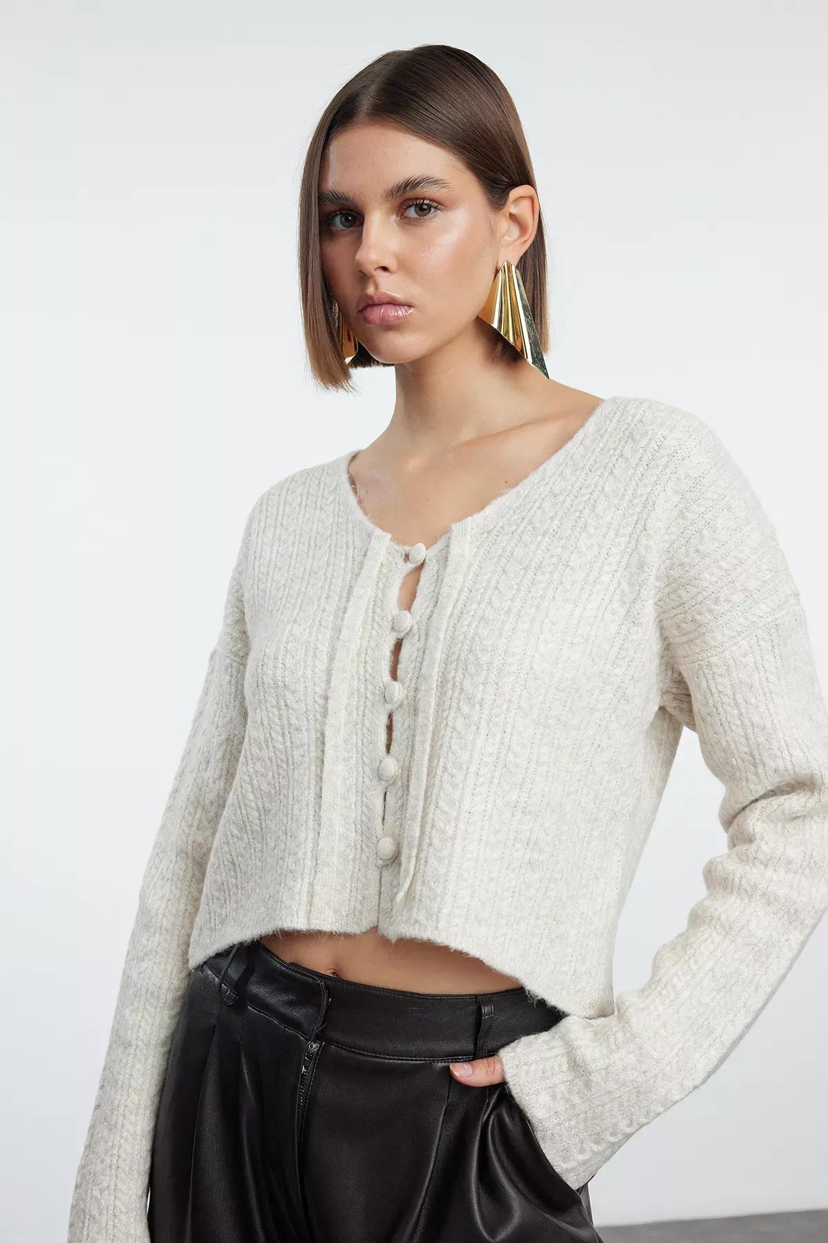 Grey Tie Detail Knit Cardigan, STONE, large image number 0