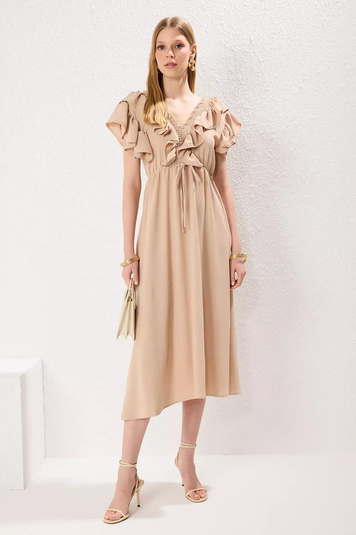 Beige A-Line Flounce Dress, , large image number 0