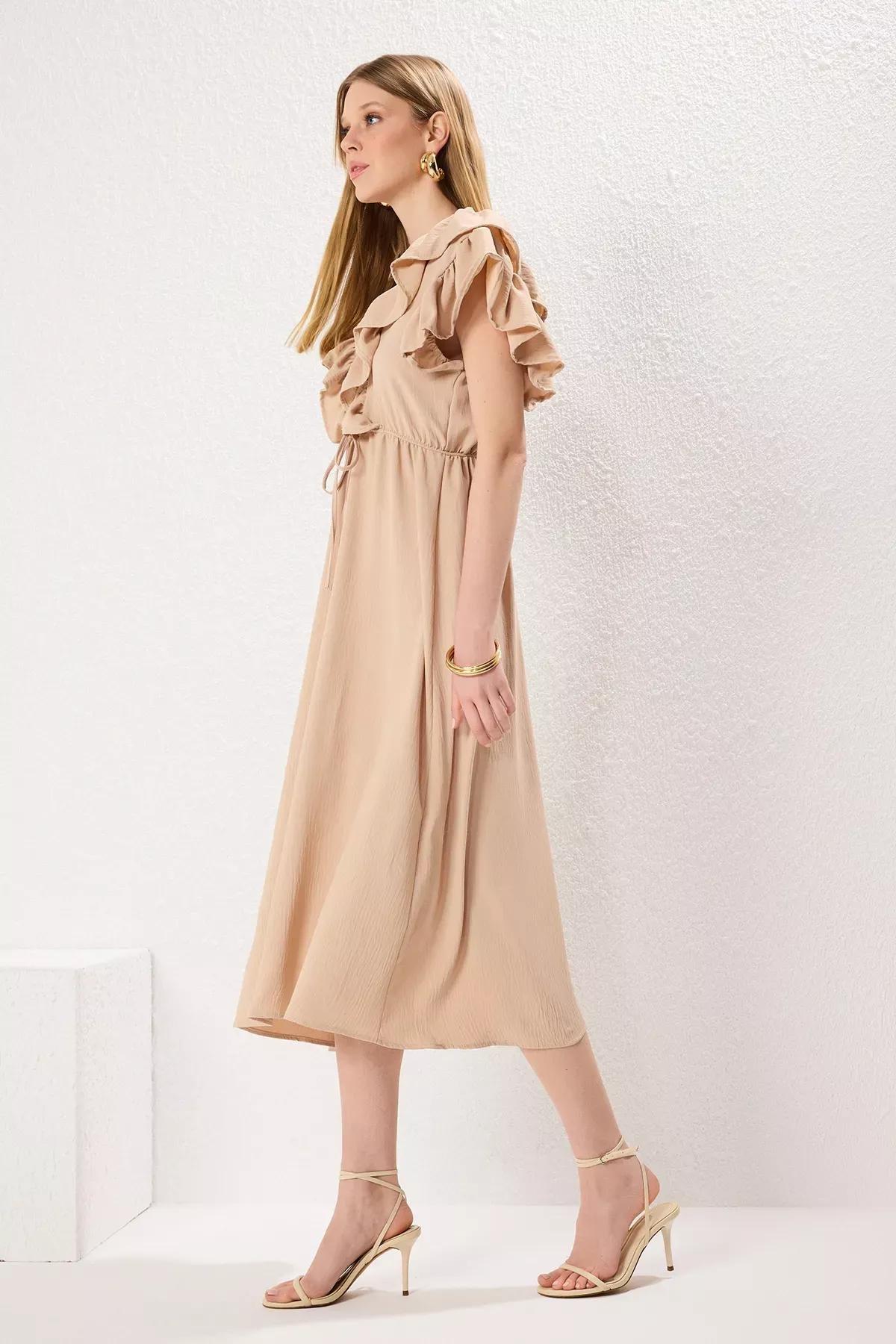 Beige A-Line Flounce Dress, , large image number 1