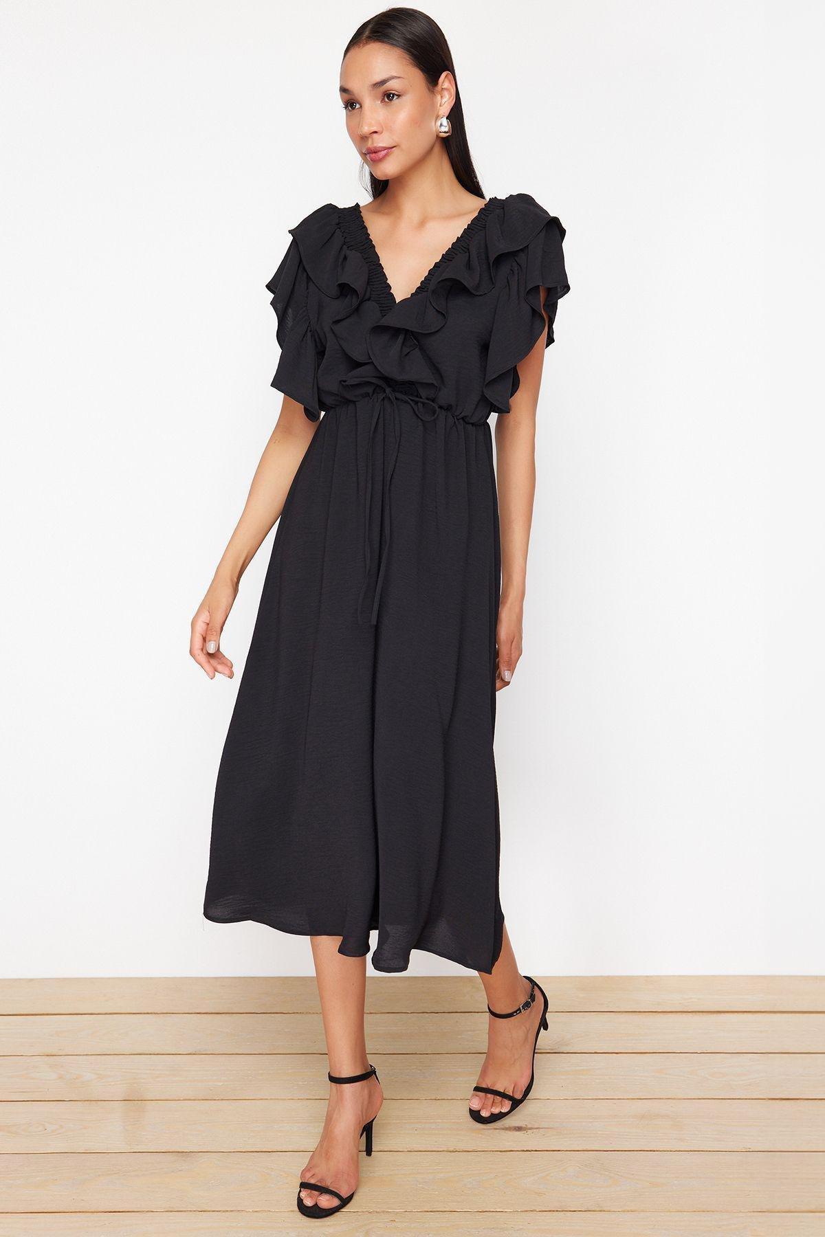 Black Straight A-Line Flounce Dress, , large image number 1