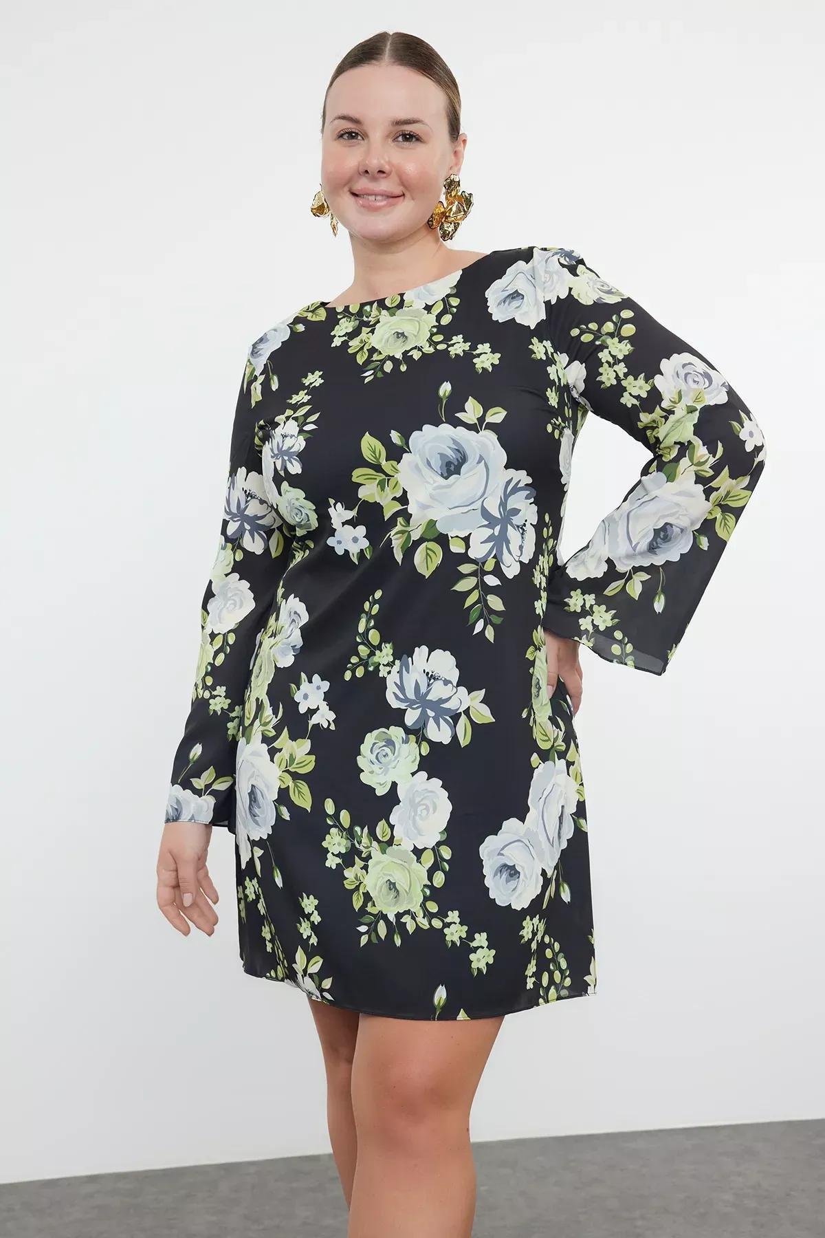Black Floral Shift Mini Dress, , large image number 1