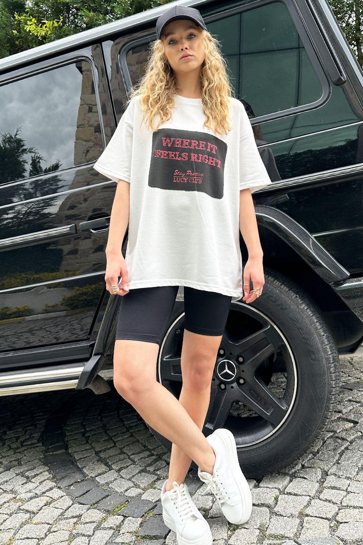 Womans Black Crew Neck Printed Oversize T-Shirt ALC-X12171, single, , large image number 0