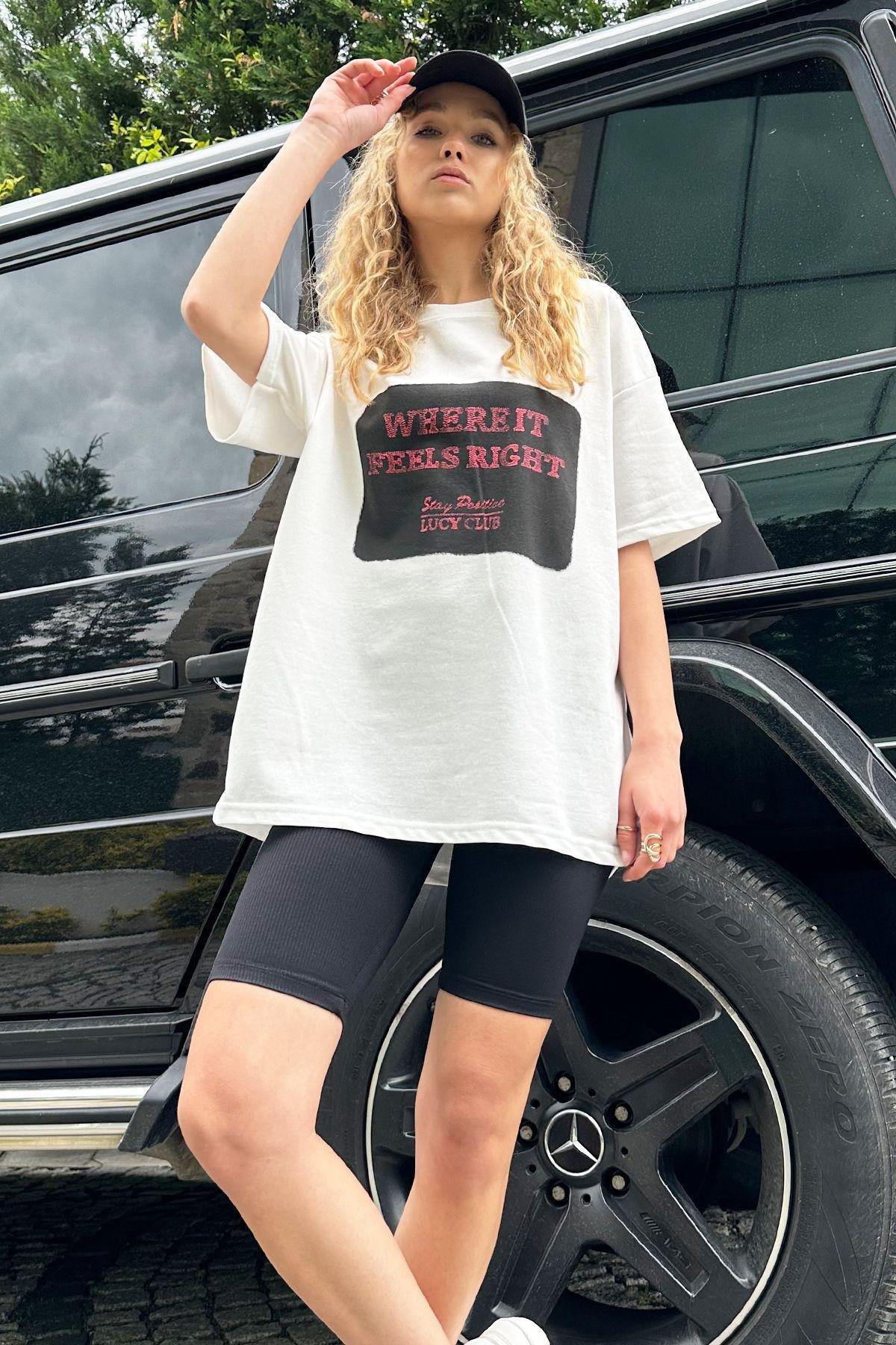 Womans Black Crew Neck Printed Oversize T-Shirt ALC-X12171, single, , large image number 1