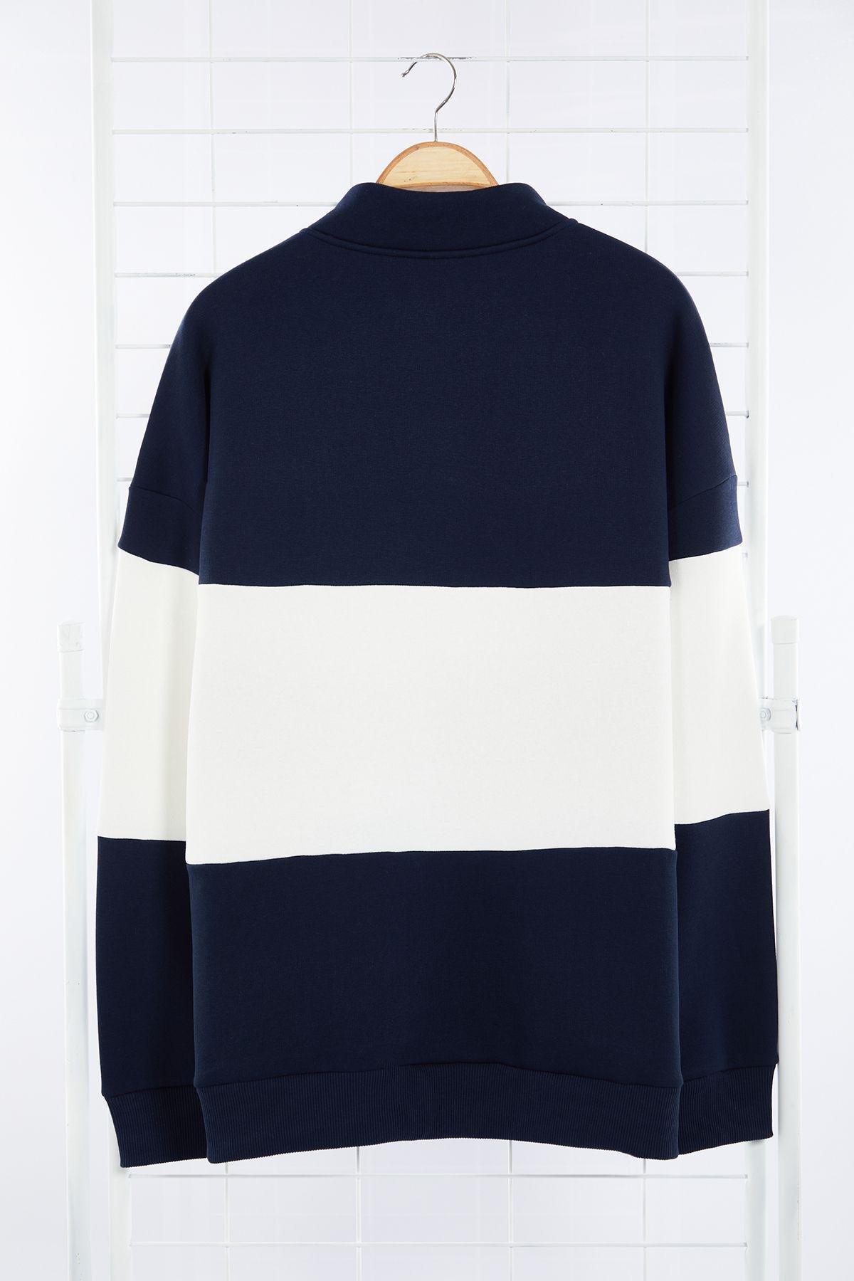 Navy Blue Stripe Casual Sweater, , large image number 1
