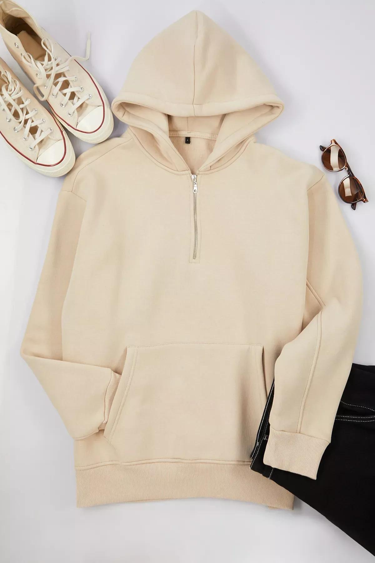 Grey Oversize Zippered Hooded Sweatshirt, STONE, large image number 1