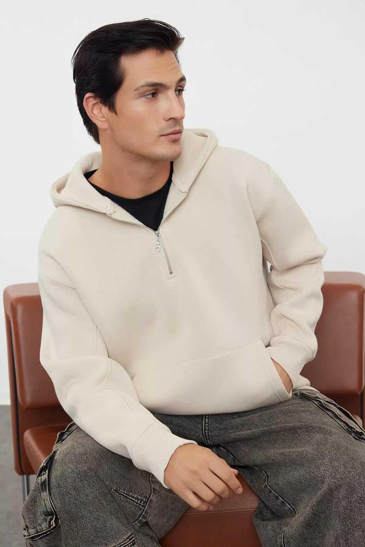 Stone Oversize/Wide Cut Zippered Hooded Sweatshirt TMNAW25SW00050, Single item, STONE, medium