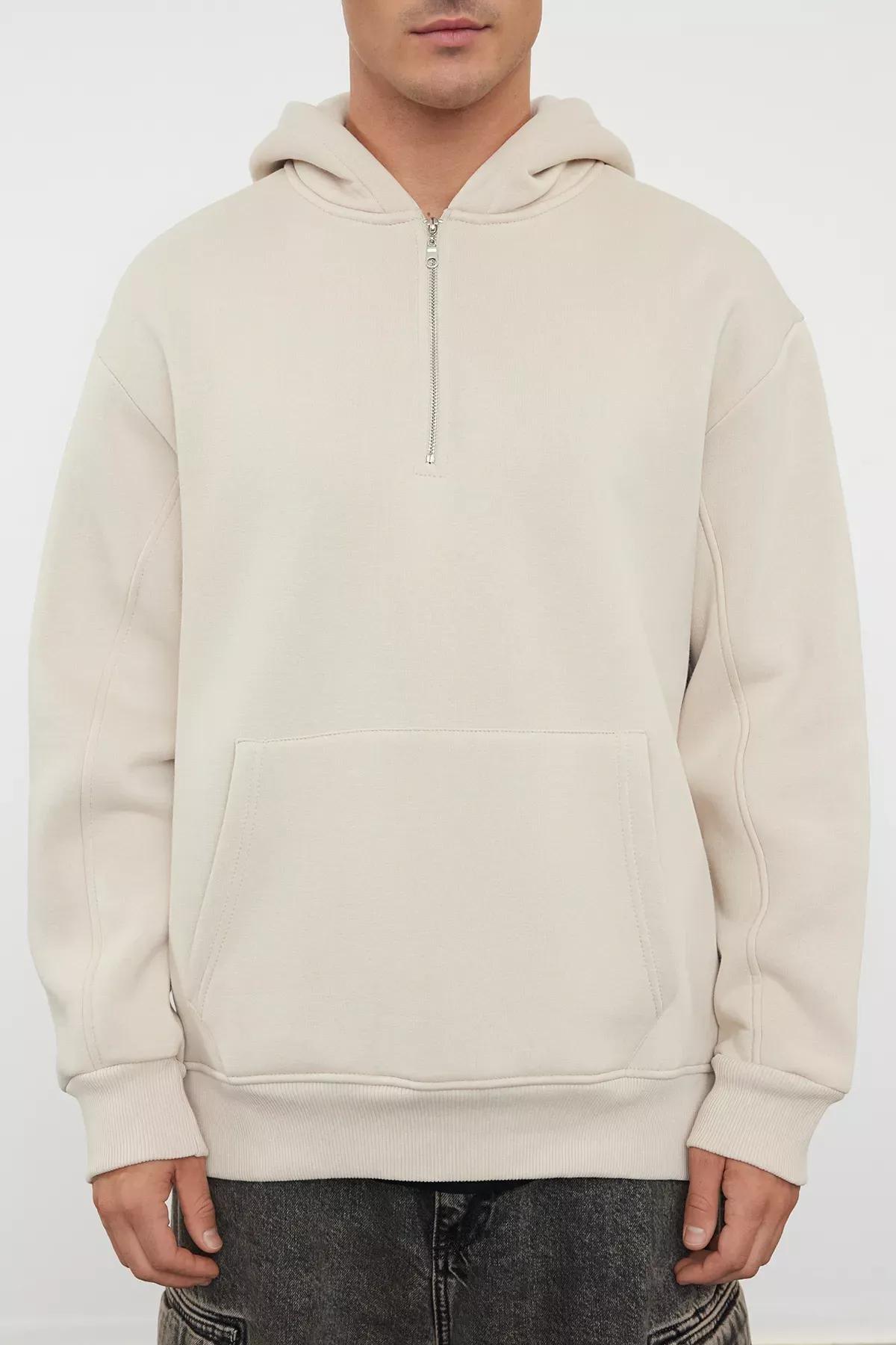 Grey Oversize Zippered Hooded Sweatshirt, STONE, large image number 3