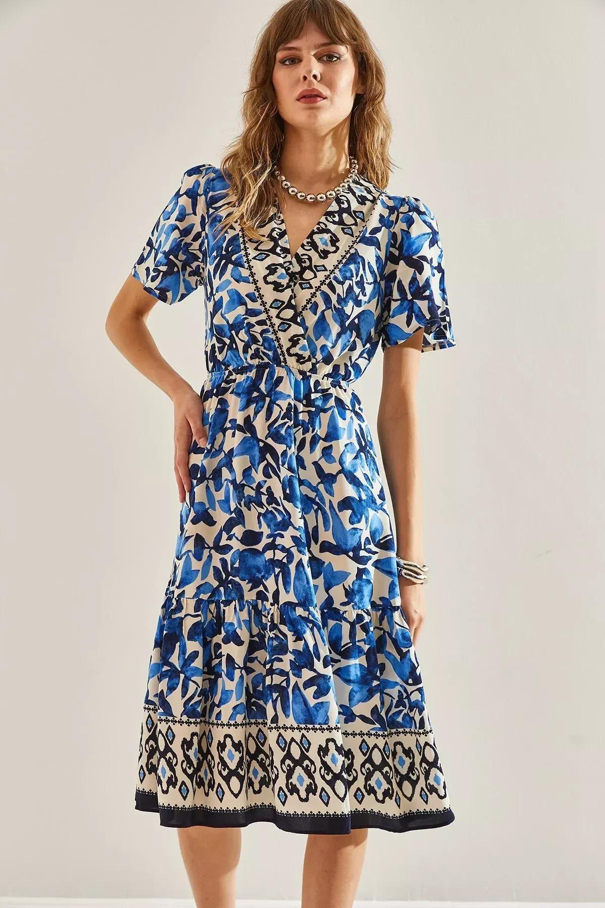 Blue Multicolour Floral Print Shirt Dress, C101_5645, large image number 3