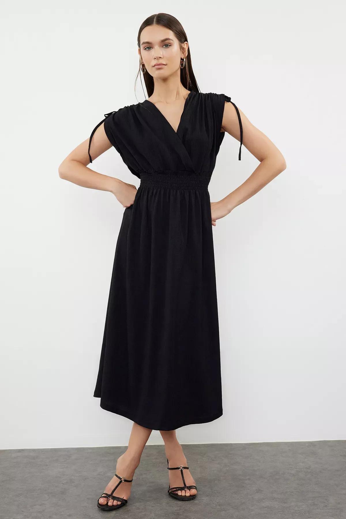 Black Plain Zero Sleeve Double-Breasted Gathered Midi Dress, , large image number 0