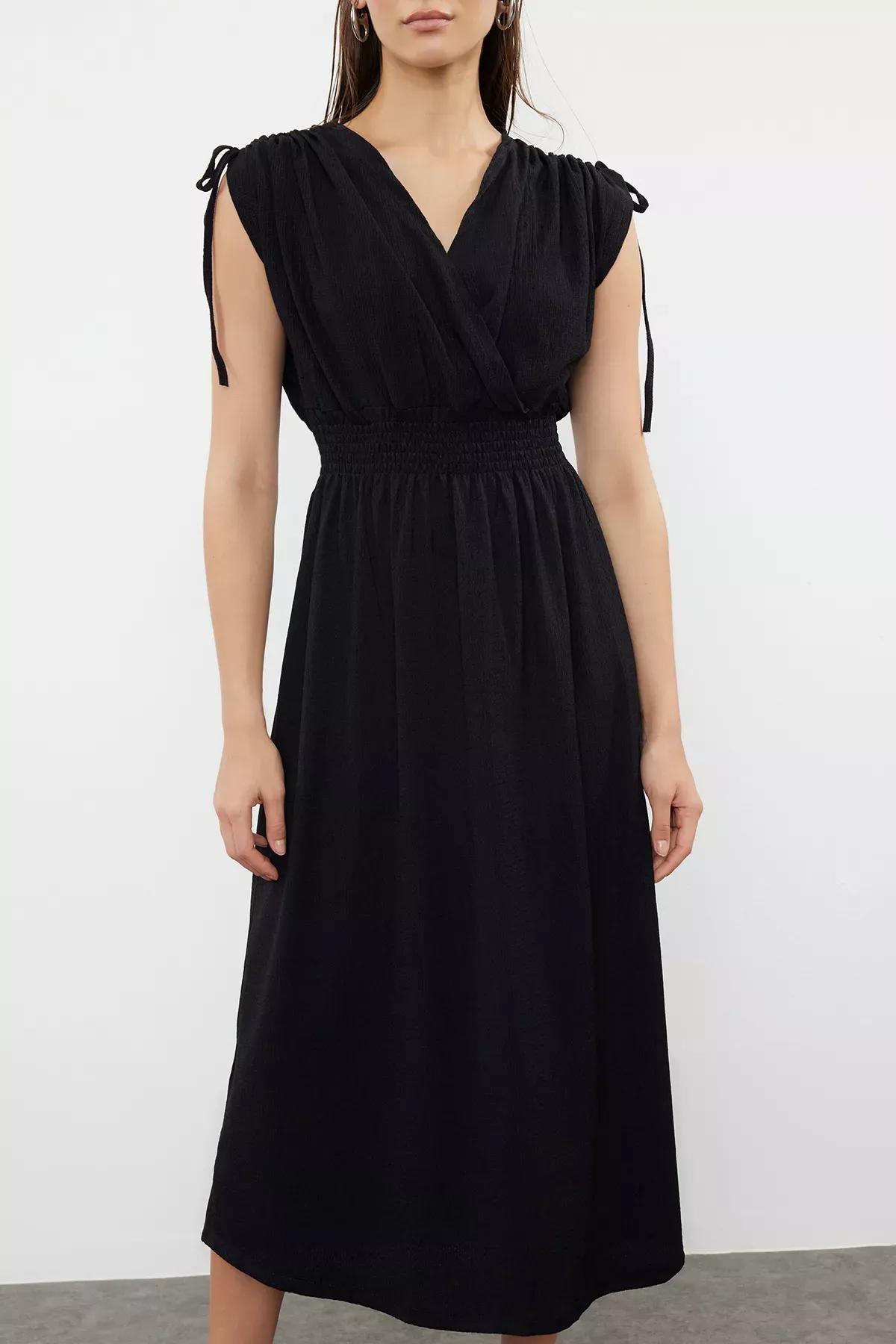 Black Plain Zero Sleeve Double-Breasted Gathered Midi Dress, , large image number 2