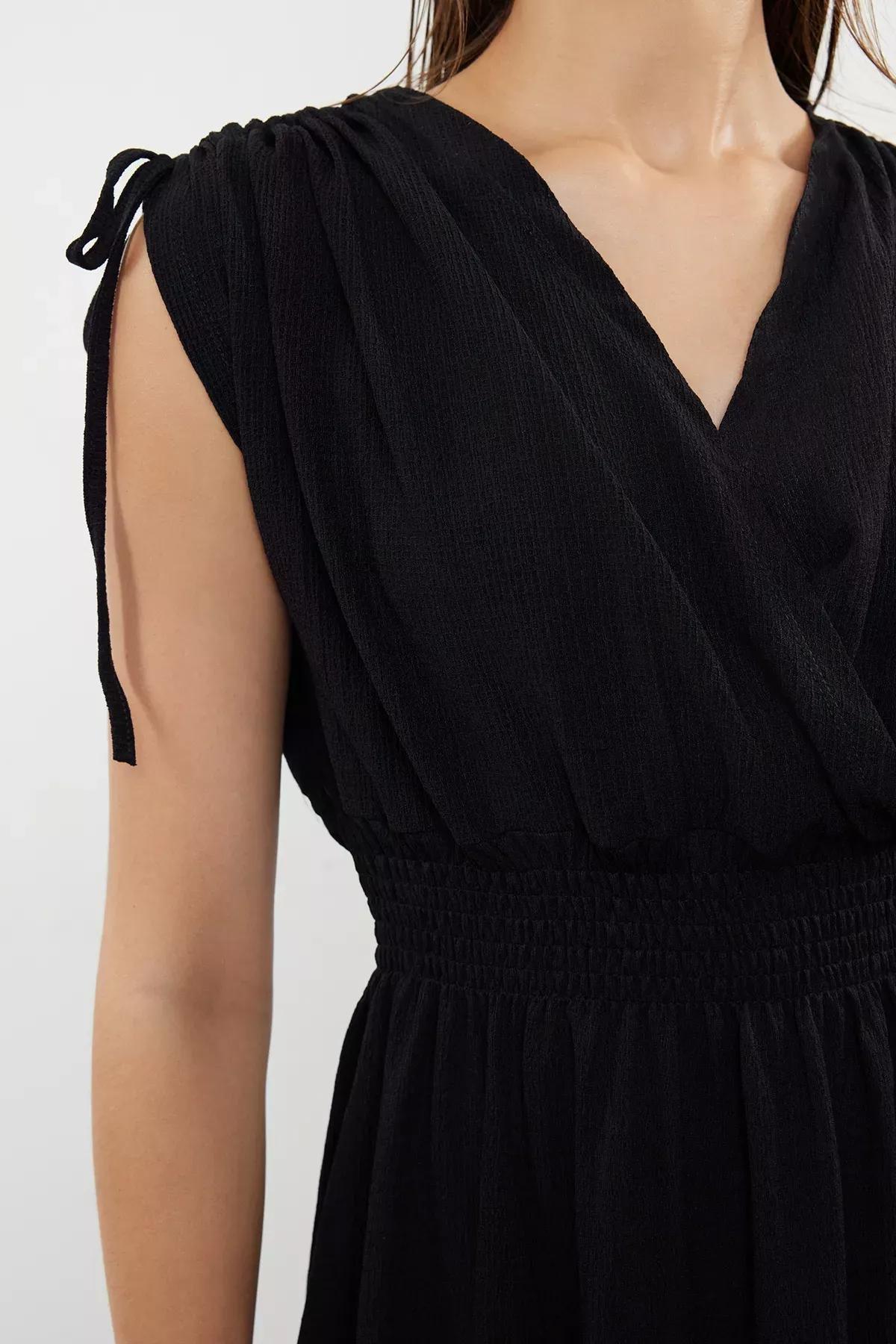 Black Plain Zero Sleeve Double-Breasted Gathered Midi Dress, , large image number 3