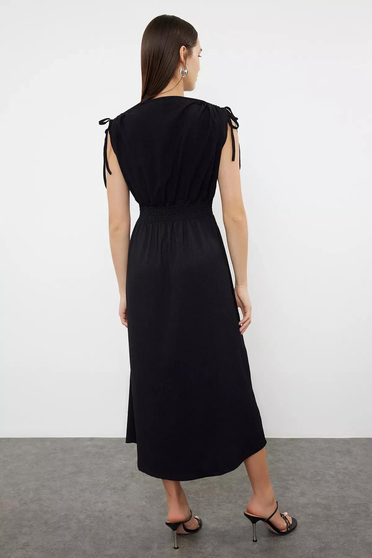 Black Plain Zero Sleeve Double-Breasted Gathered Midi Dress, , large image number 4