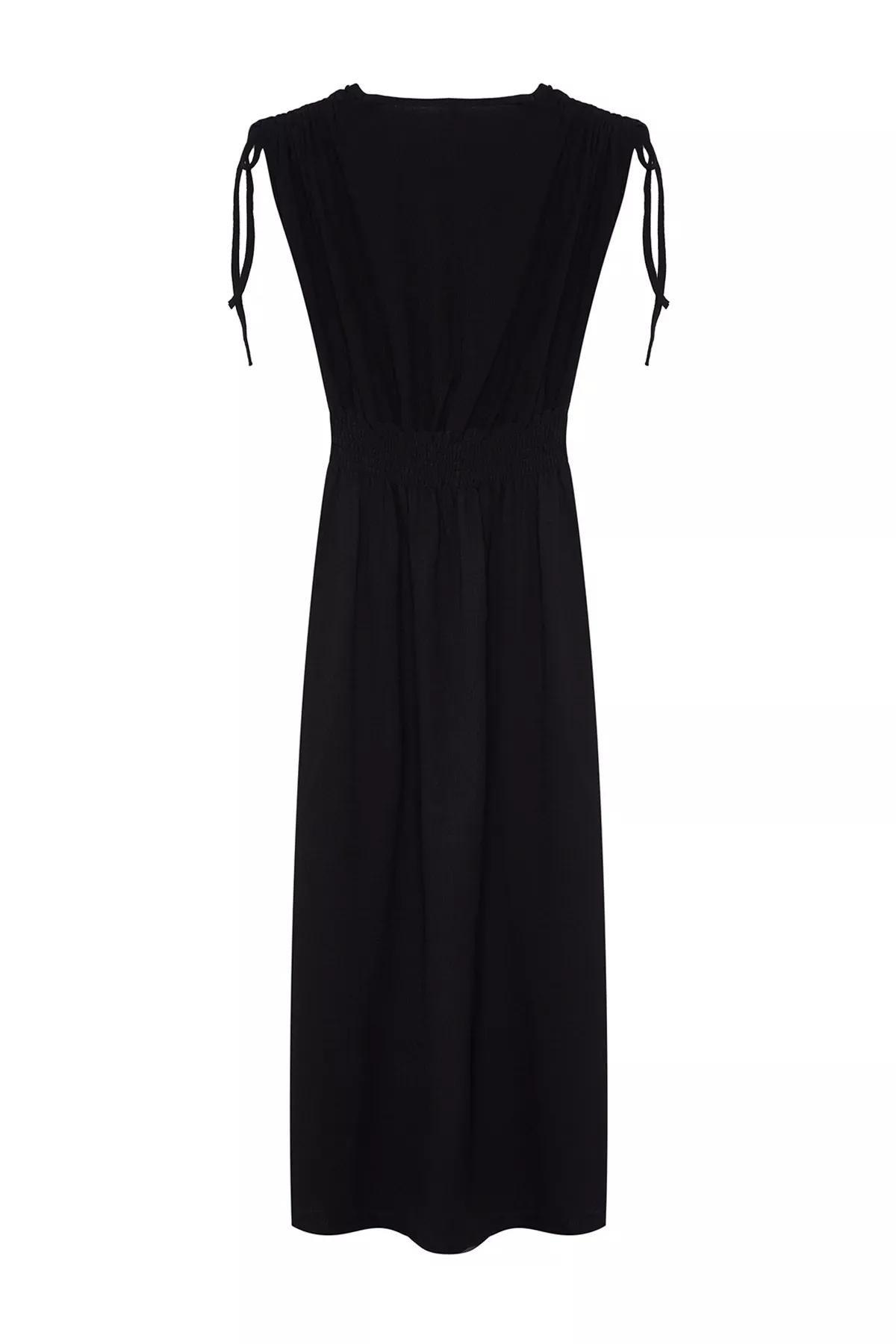 Black Plain Zero Sleeve Double-Breasted Gathered Midi Dress, , large image number 5