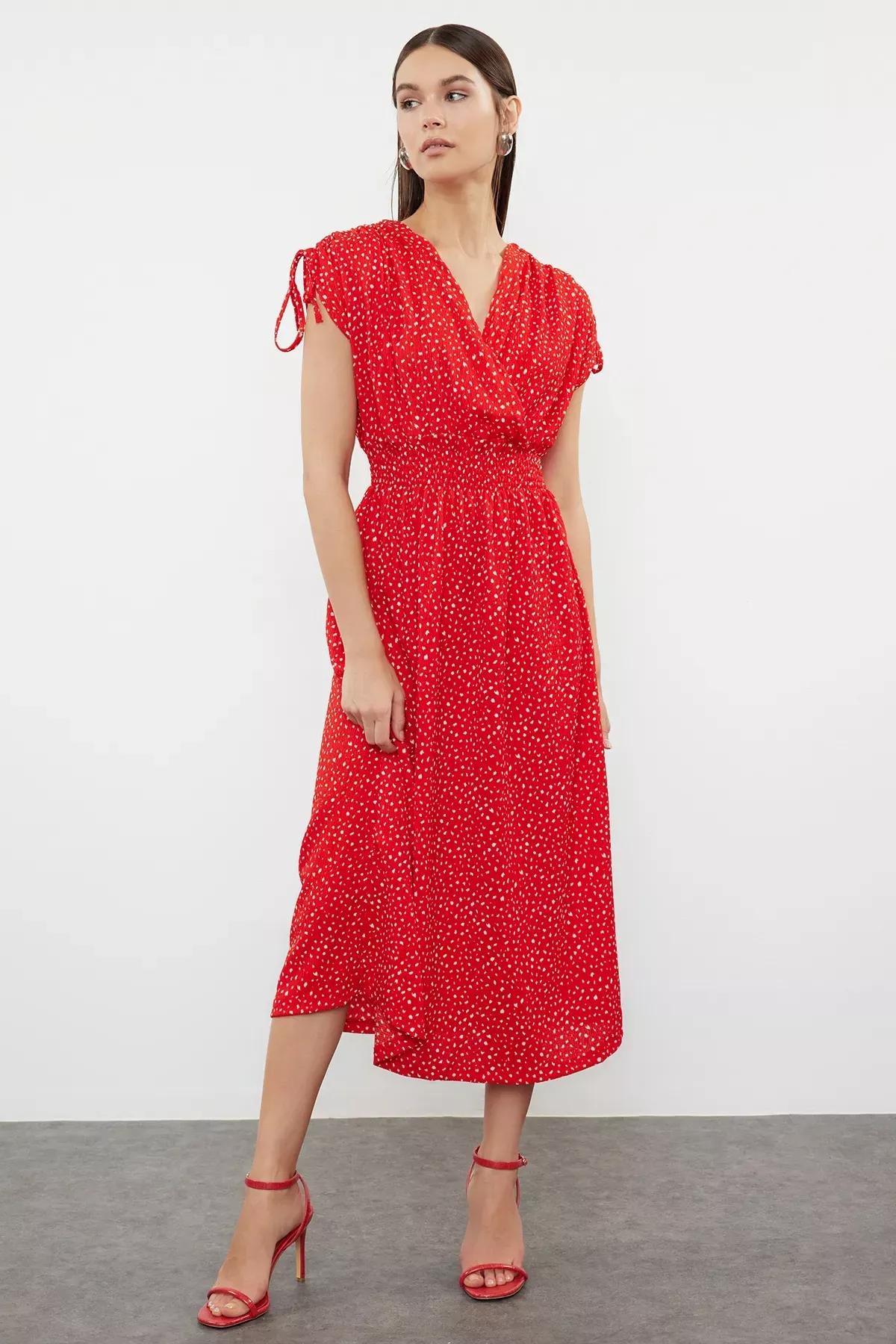 Red Double-Breasted Skater Midi Knit Dress, Red, large image number 0