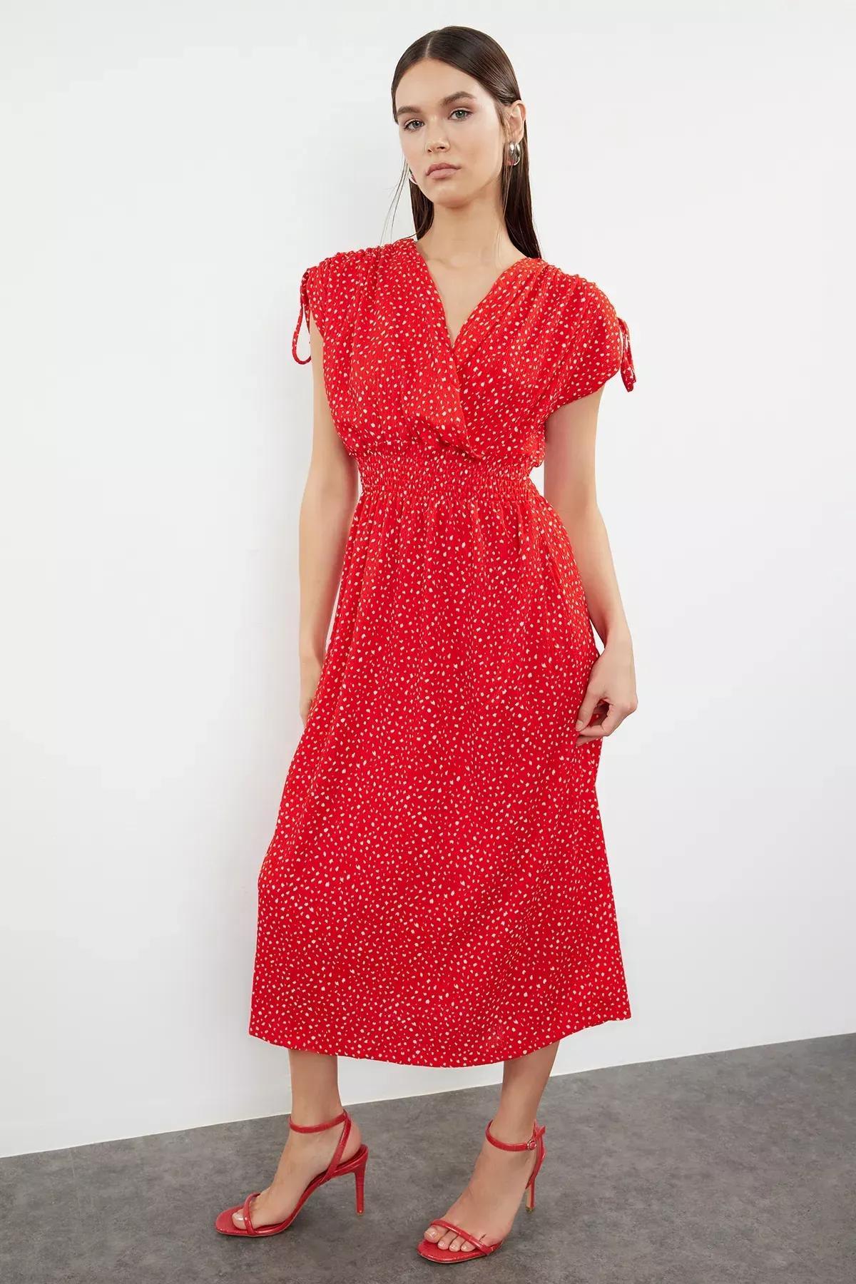 Red Double-Breasted Skater Midi Knit Dress, Red, large image number 1