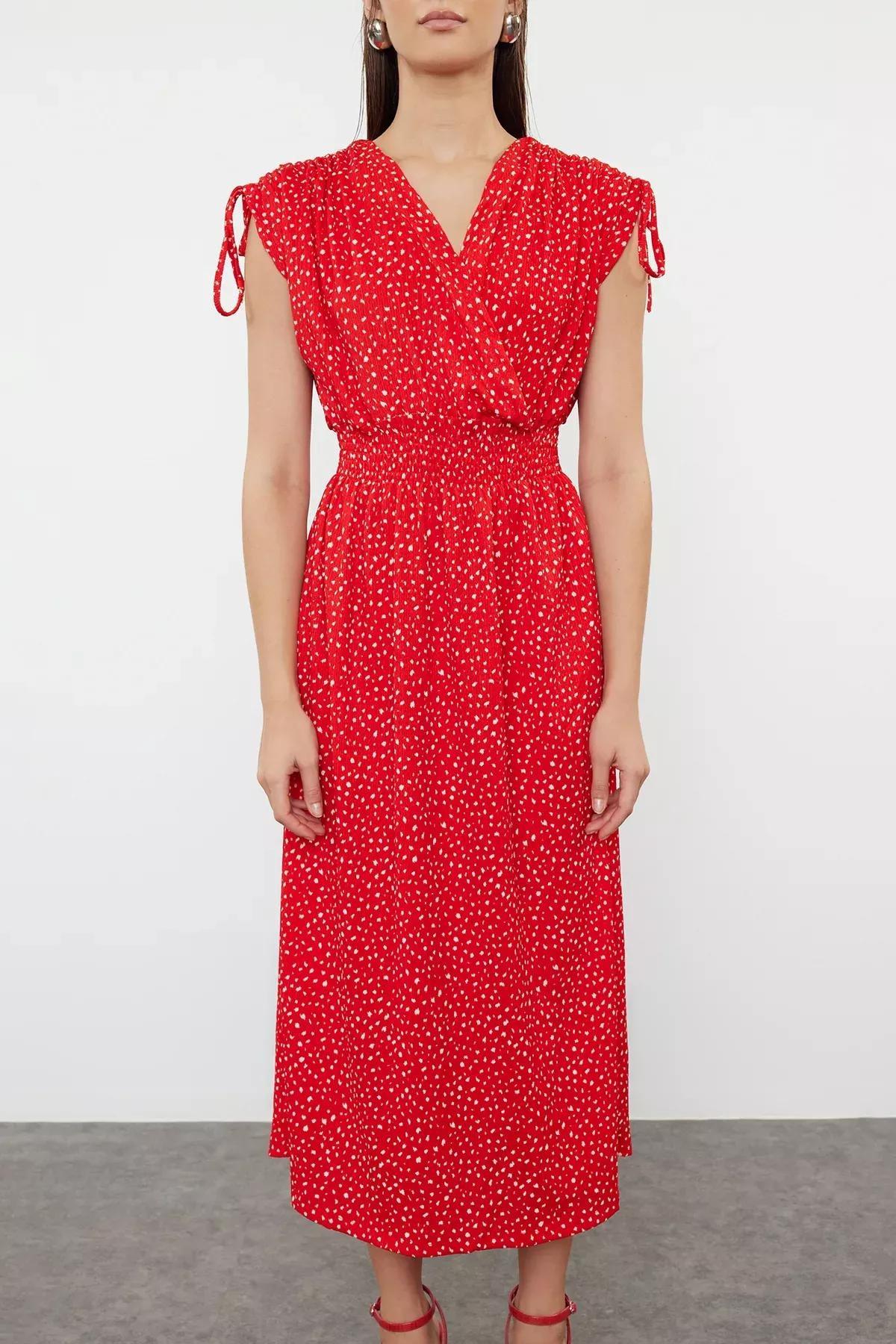 Red Double-Breasted Skater Midi Knit Dress, Red, large image number 2