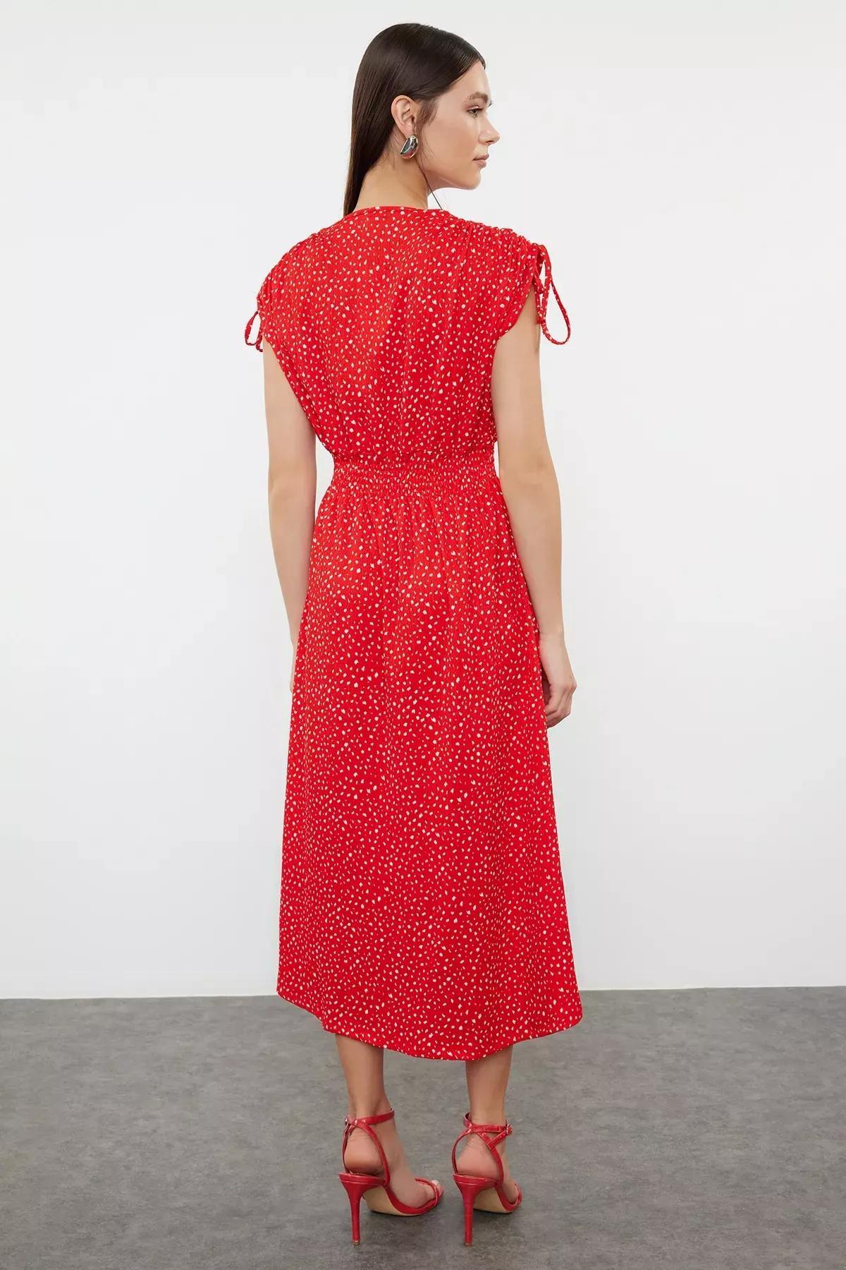 Red Double-Breasted Skater Midi Knit Dress, Red, large image number 4