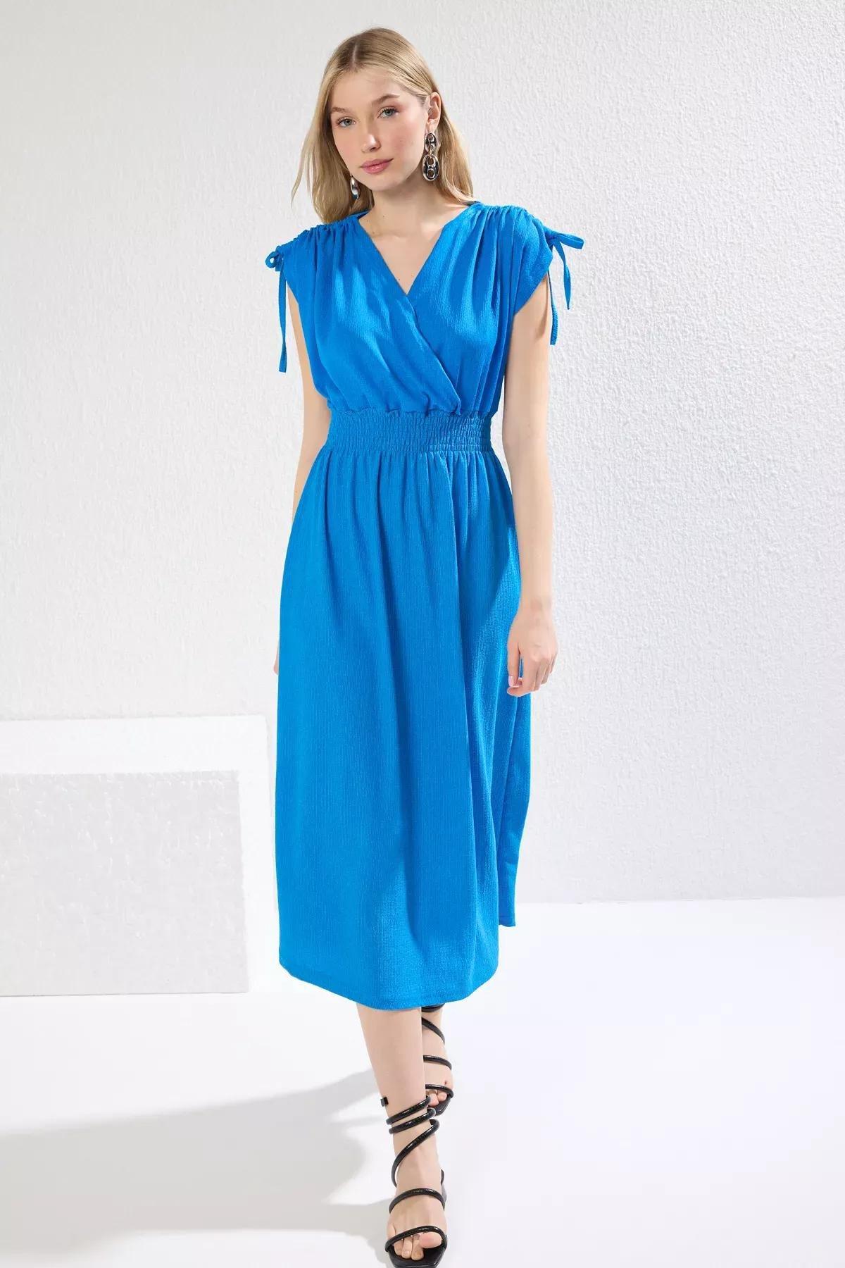 Blue Plain Sleeve Skater Midi Dress, Sax, large image number 0
