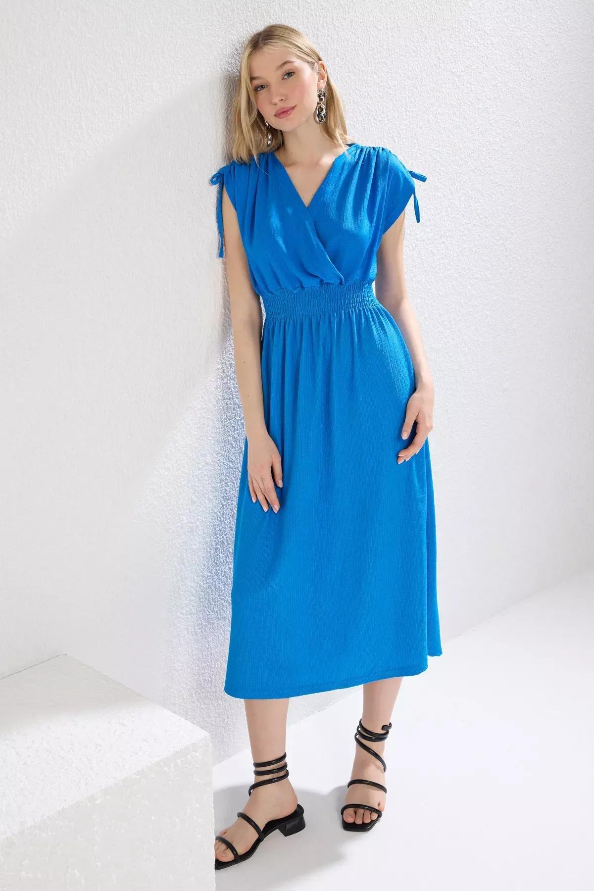 Blue Plain Sleeve Skater Midi Dress, Sax, large image number 1