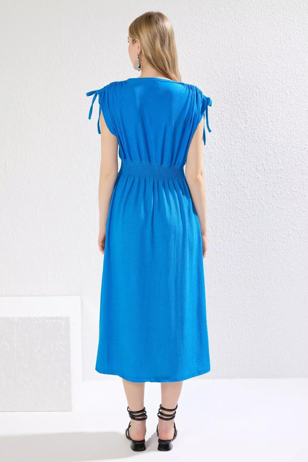 Blue Plain Sleeve Skater Midi Dress, Sax, large image number 3