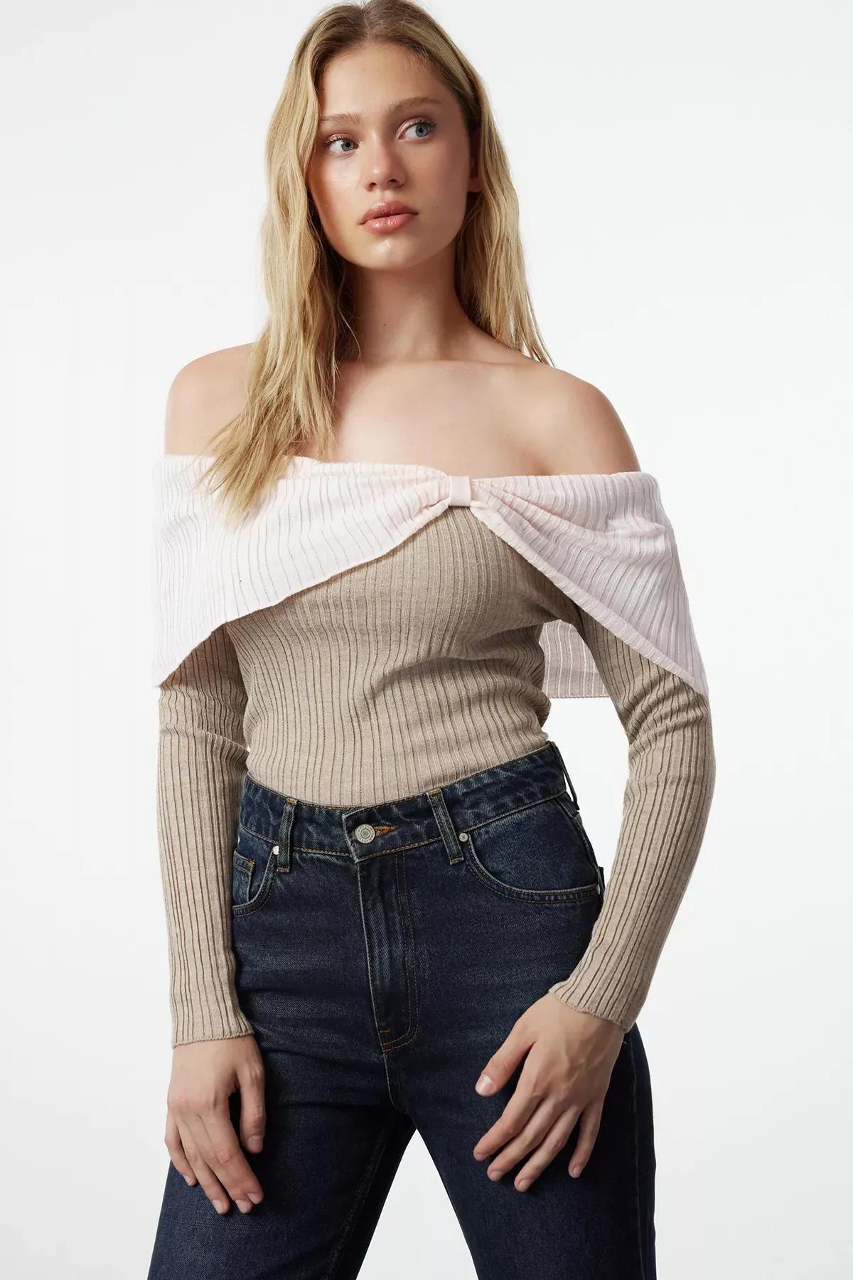 Mink Striped Crossover Sweater, Mink, large image number 0