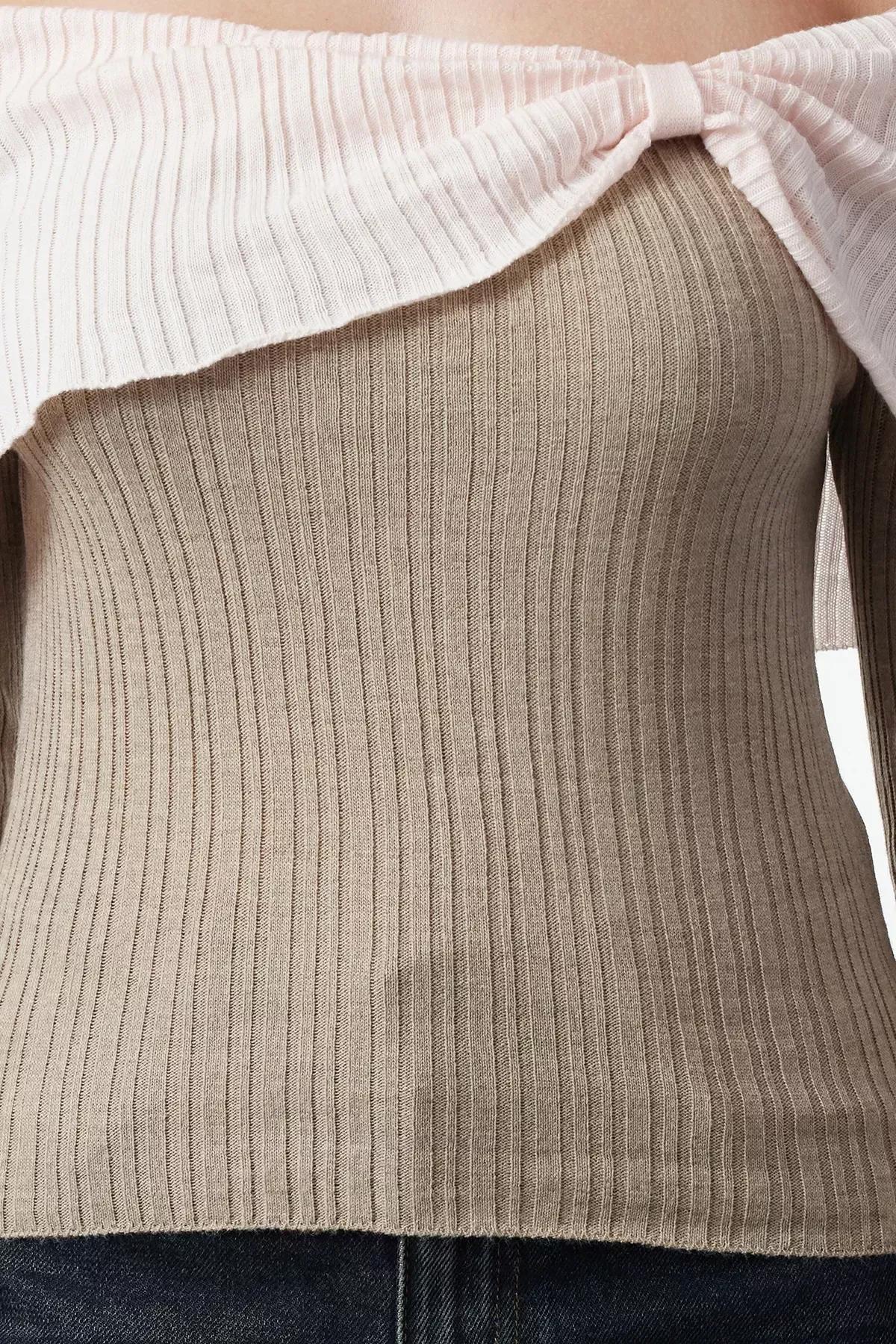 Mink Striped Crossover Sweater, Mink, large image number 2