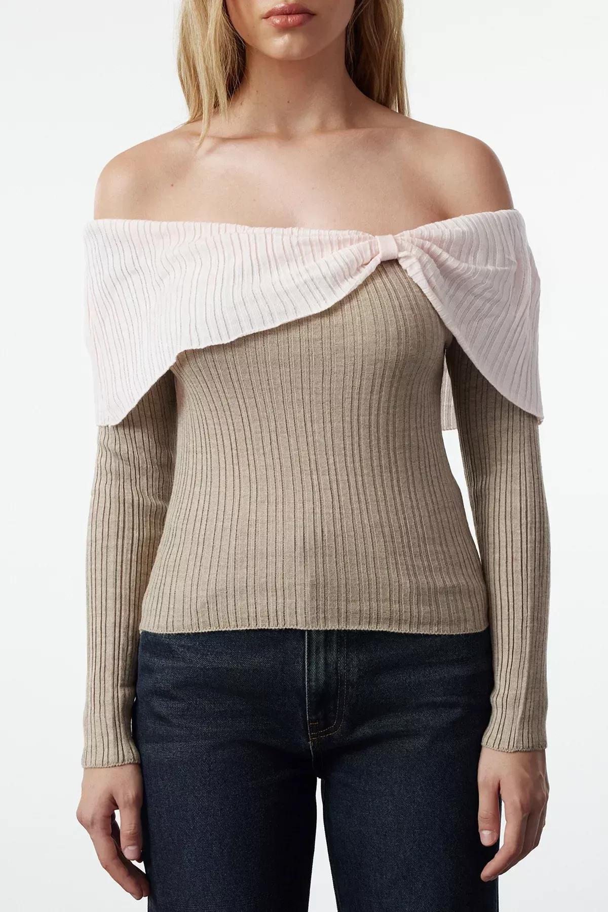 Mink Striped Crossover Sweater, Mink, large image number 3