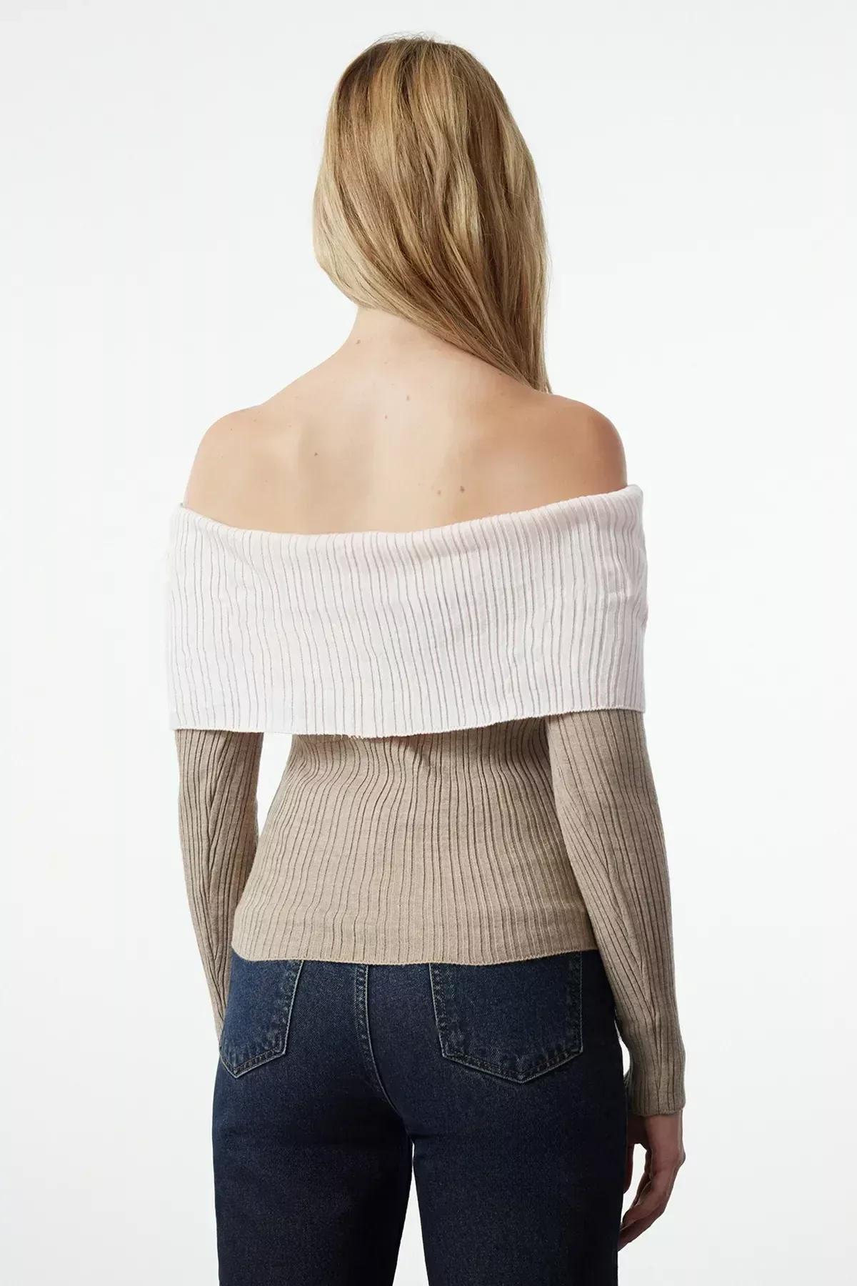 Mink Striped Crossover Sweater, Mink, large image number 4