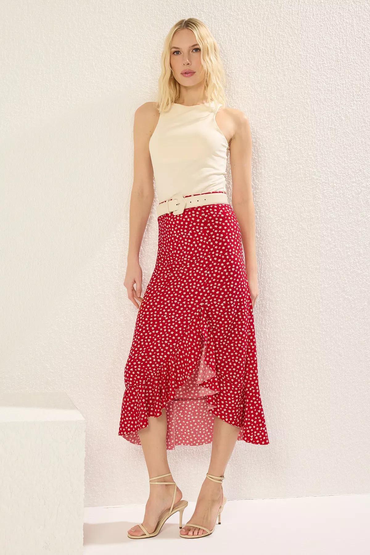 Red Polka Dot Slit Midi Skirt, , large image number 1