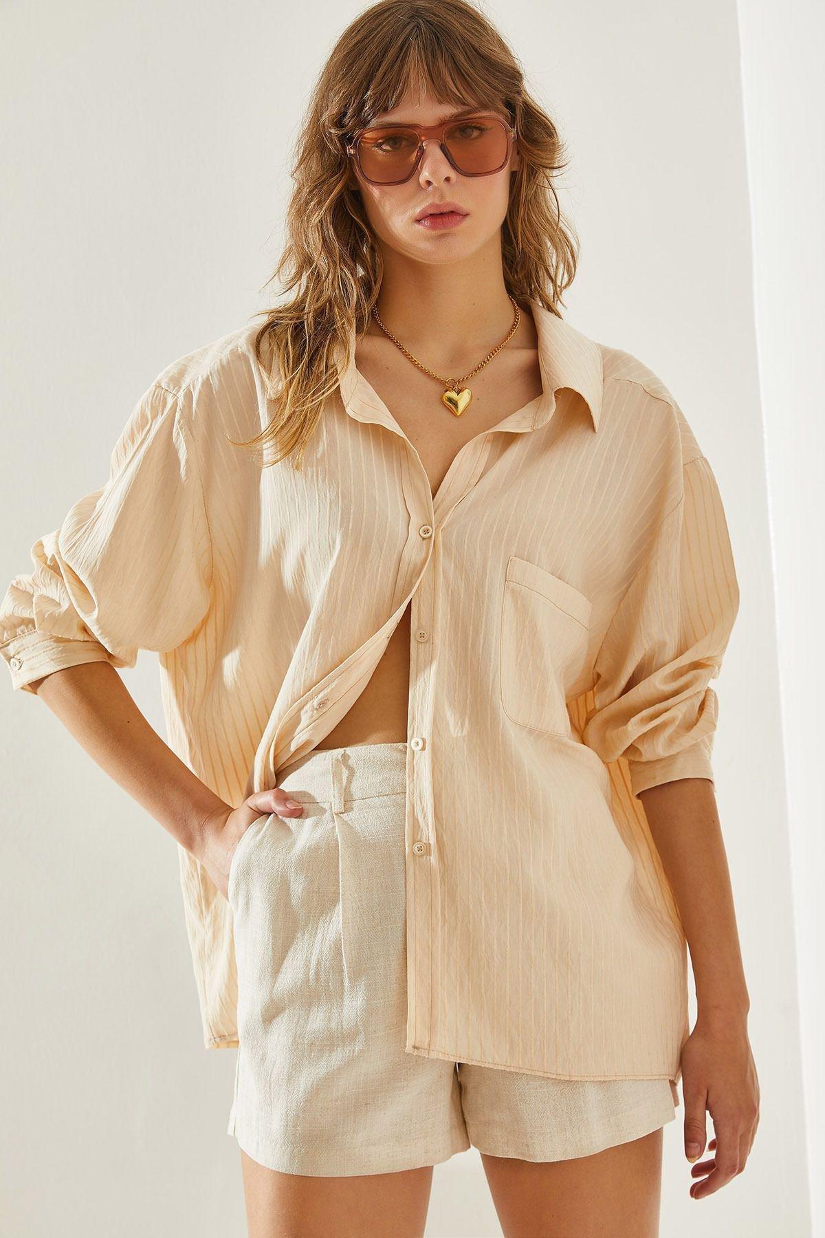 Cream Striped Button Down Shirt, Cream, large image number 0