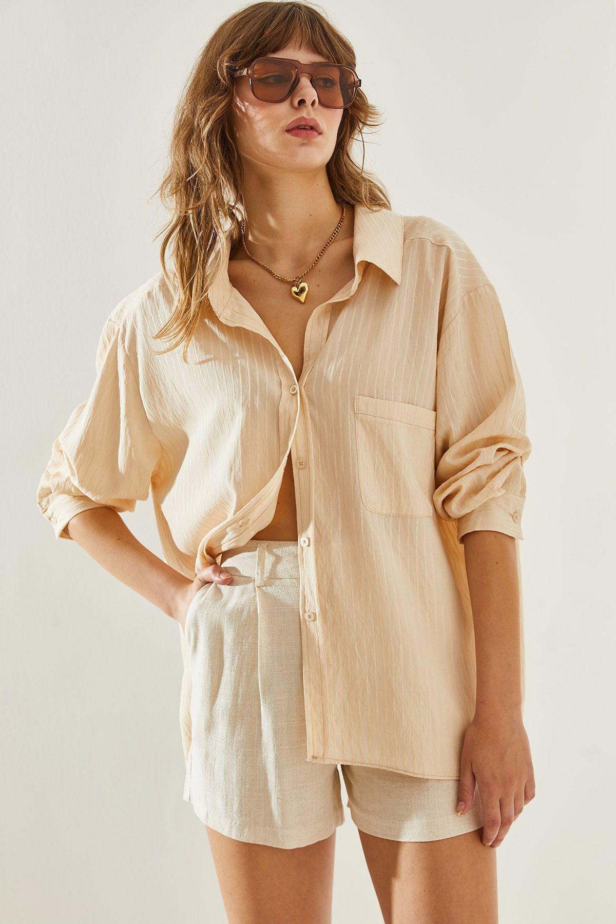Cream Striped Button Down Shirt, Cream, large image number 1
