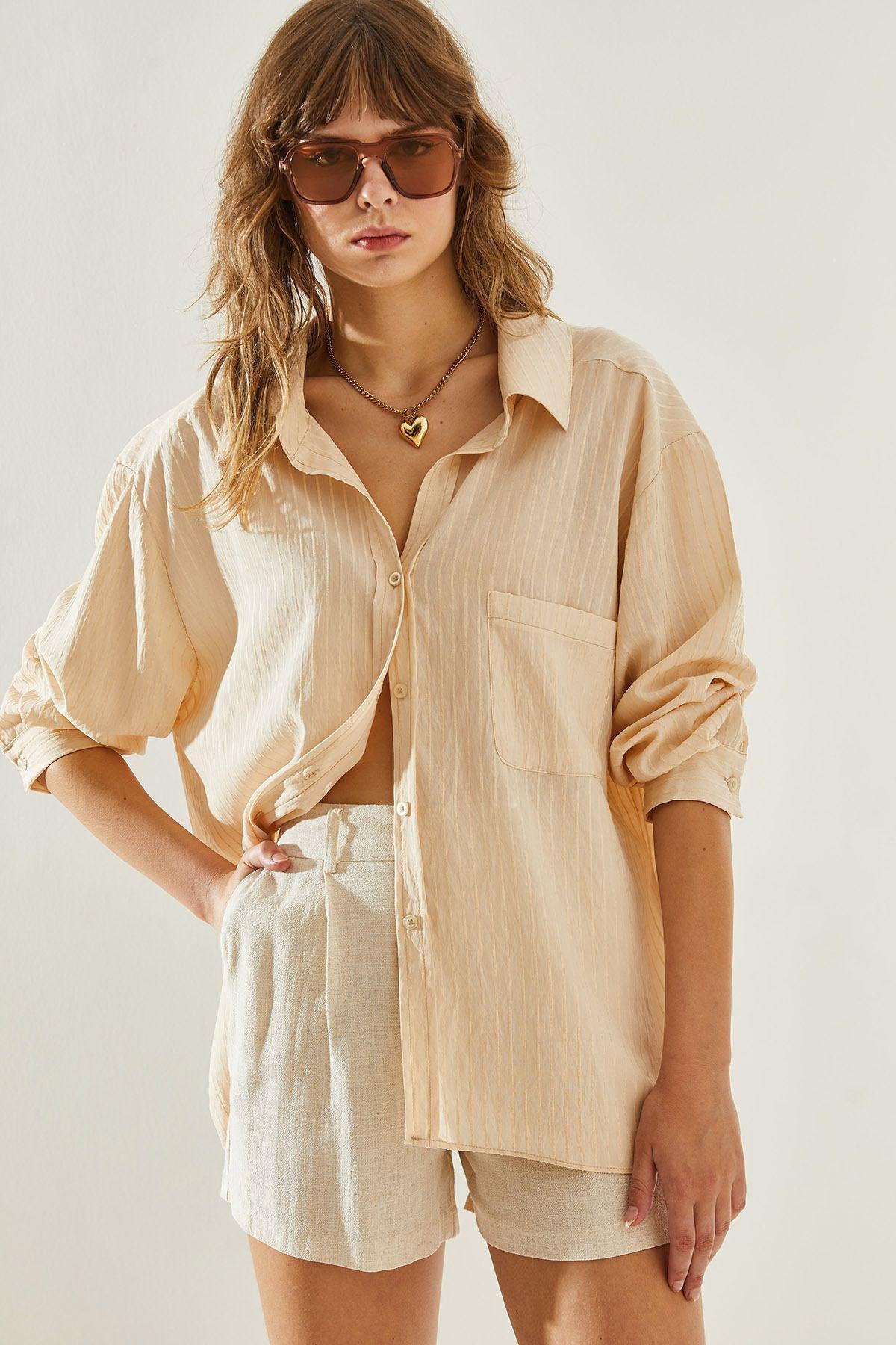 Cream Striped Button Down Shirt, Cream, large image number 2