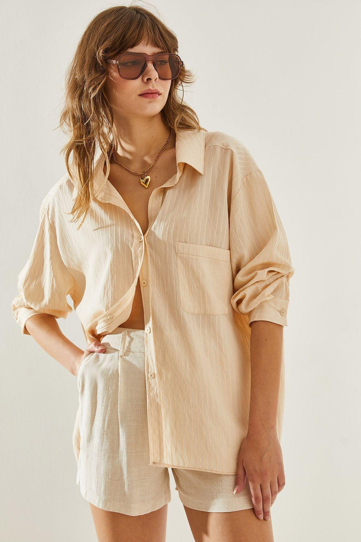 Cream Striped Button Down Shirt, Cream, large image number 3