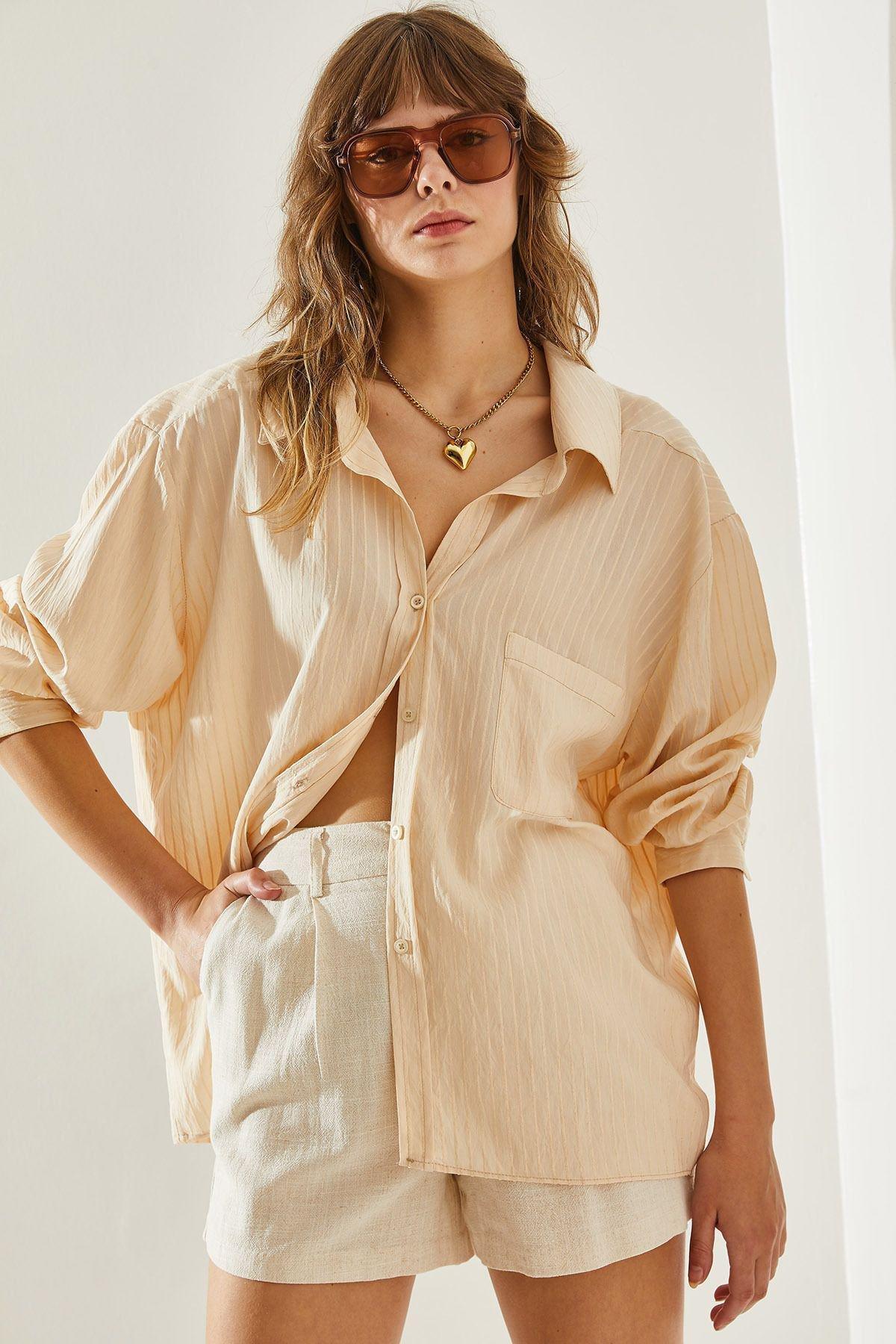 Cream Striped Button Down Shirt, Cream, large image number 4