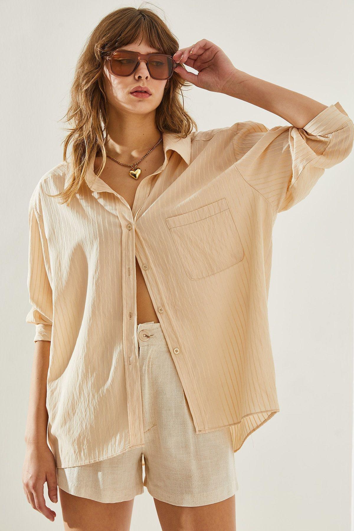 Cream Striped Button Down Shirt, Cream, large image number 5