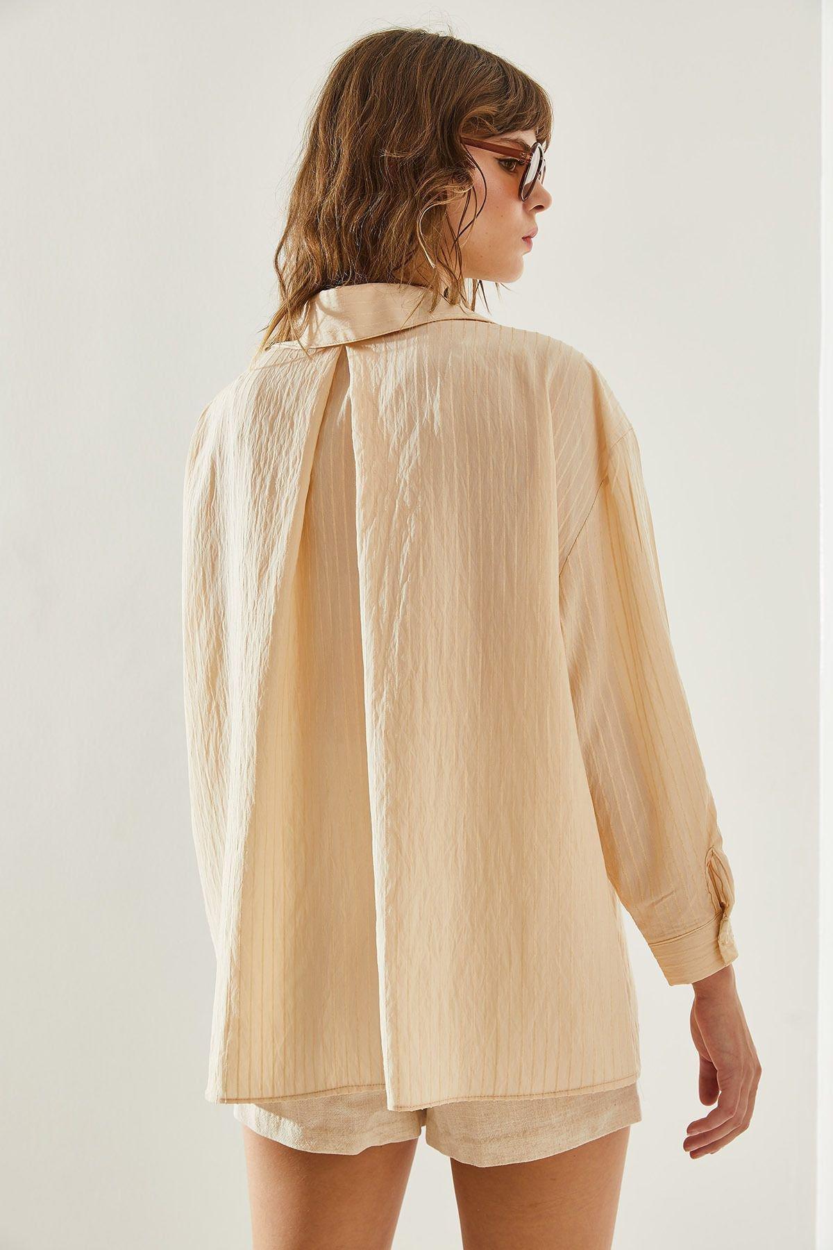 Cream Striped Button Down Shirt, Cream, large image number 6