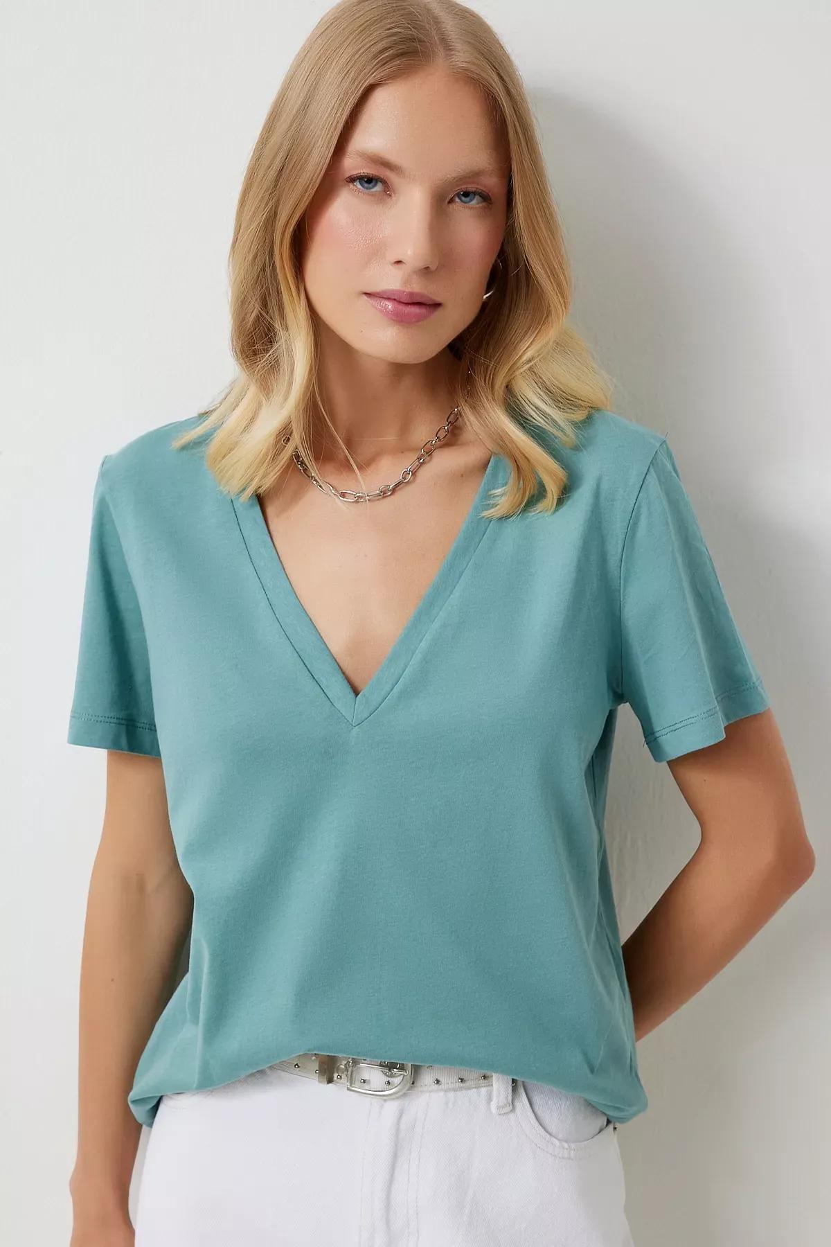 Womens Green V-Neck Basic Knitted T-Shirt HY00016, single, C101_5202, large image number 0